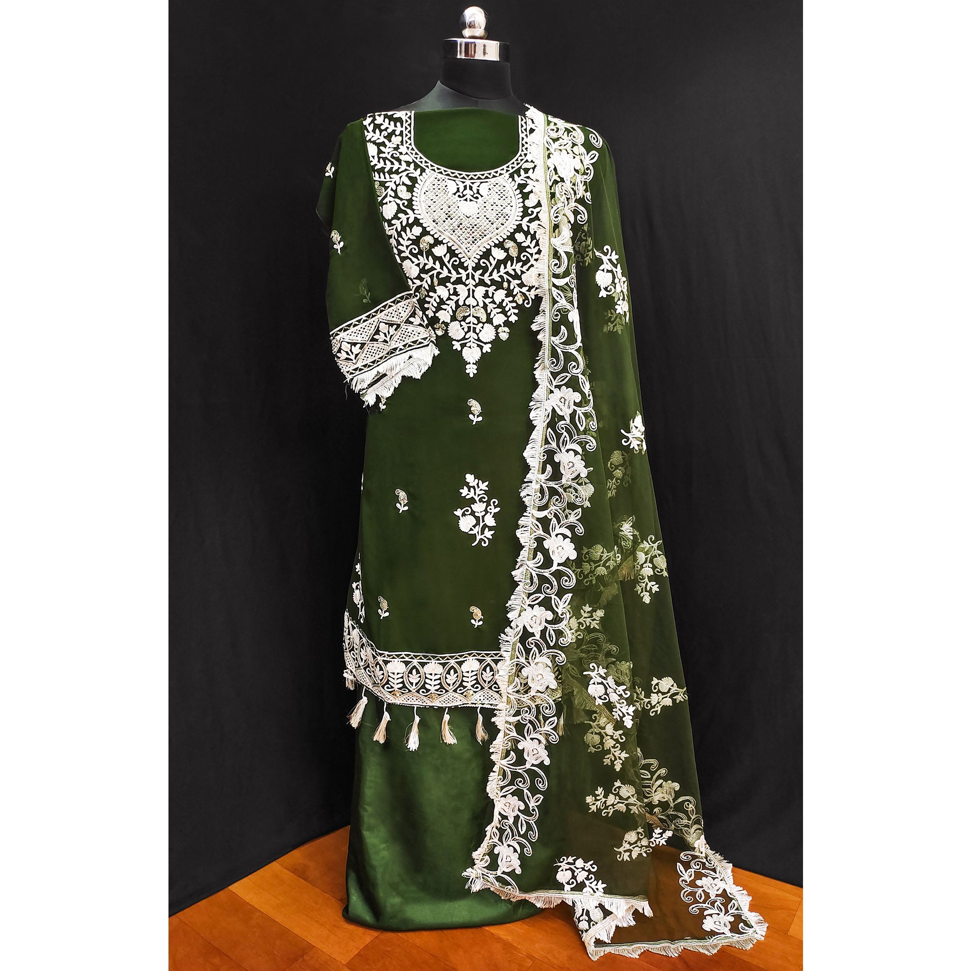 Mehandi Green Floral Embroidered Georgette Dress Material