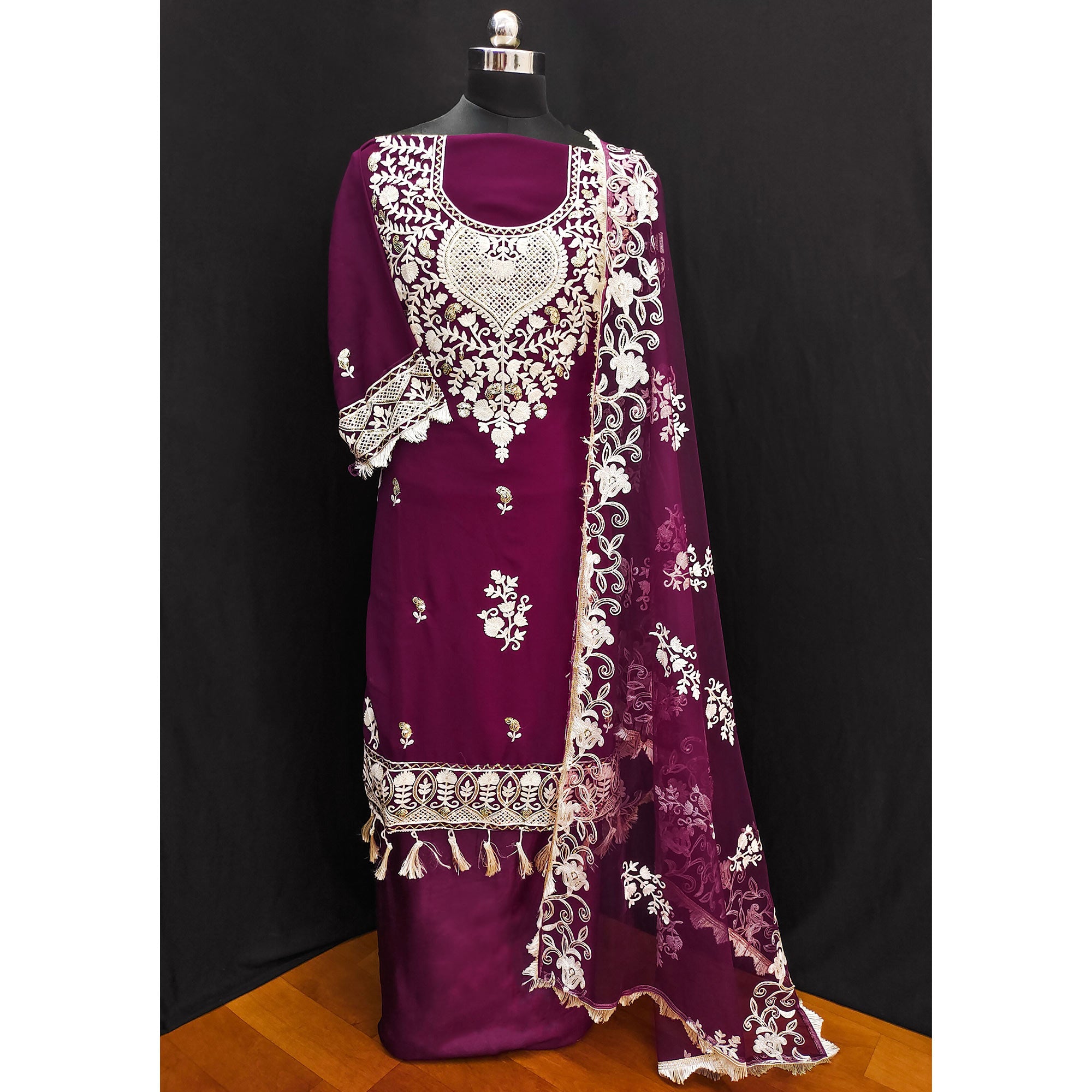 Purple Floral Embroidered Georgette Dress Material