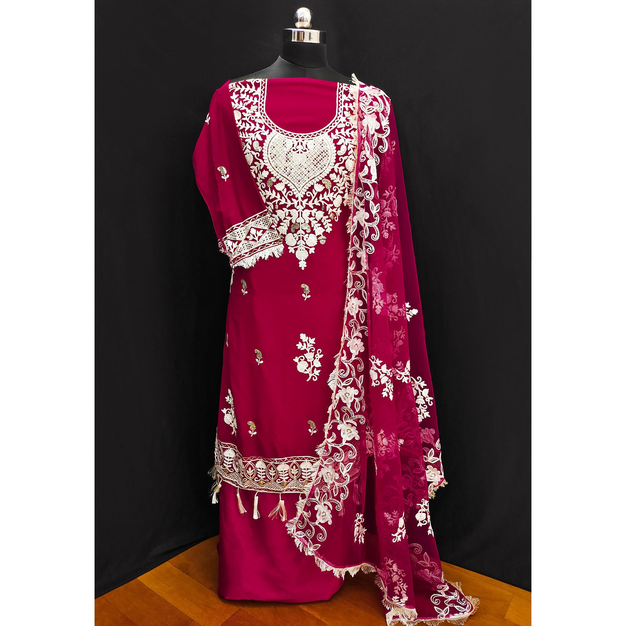 Rani Pink Floral Embroidered Georgette Dress Material