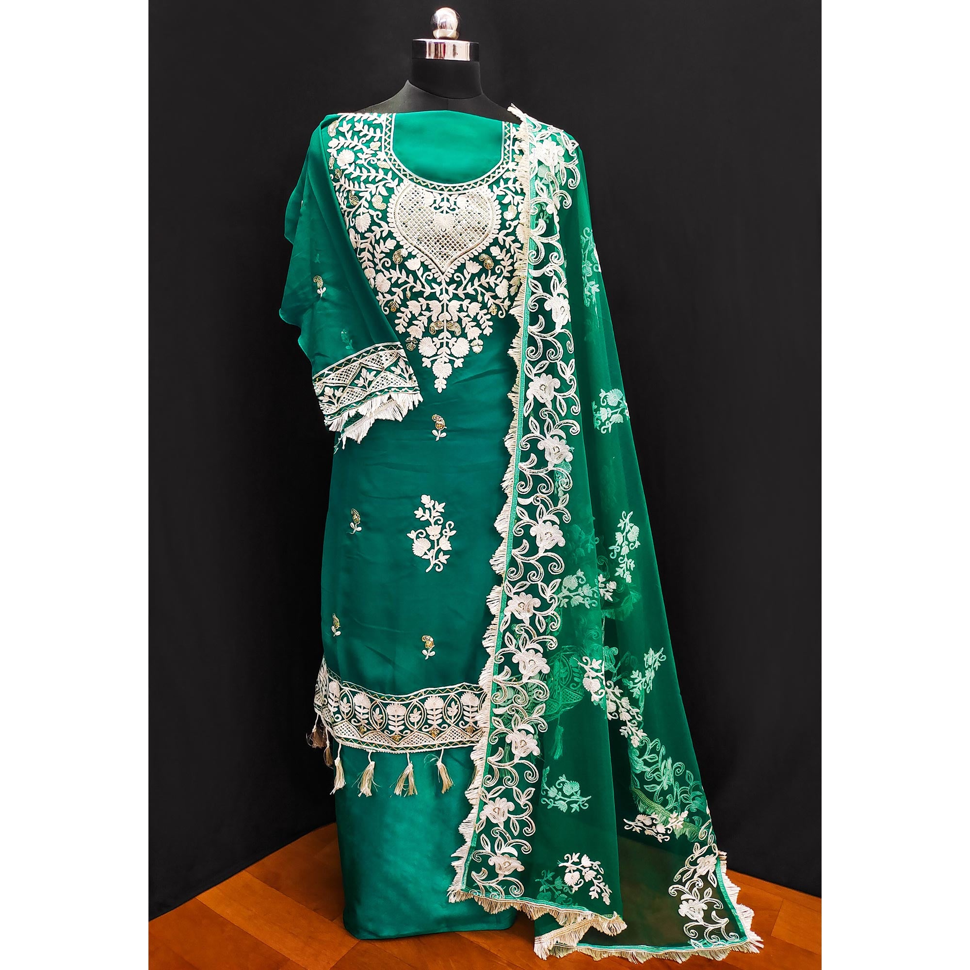 Teal Green Floral Embroidered Georgette Dress Material