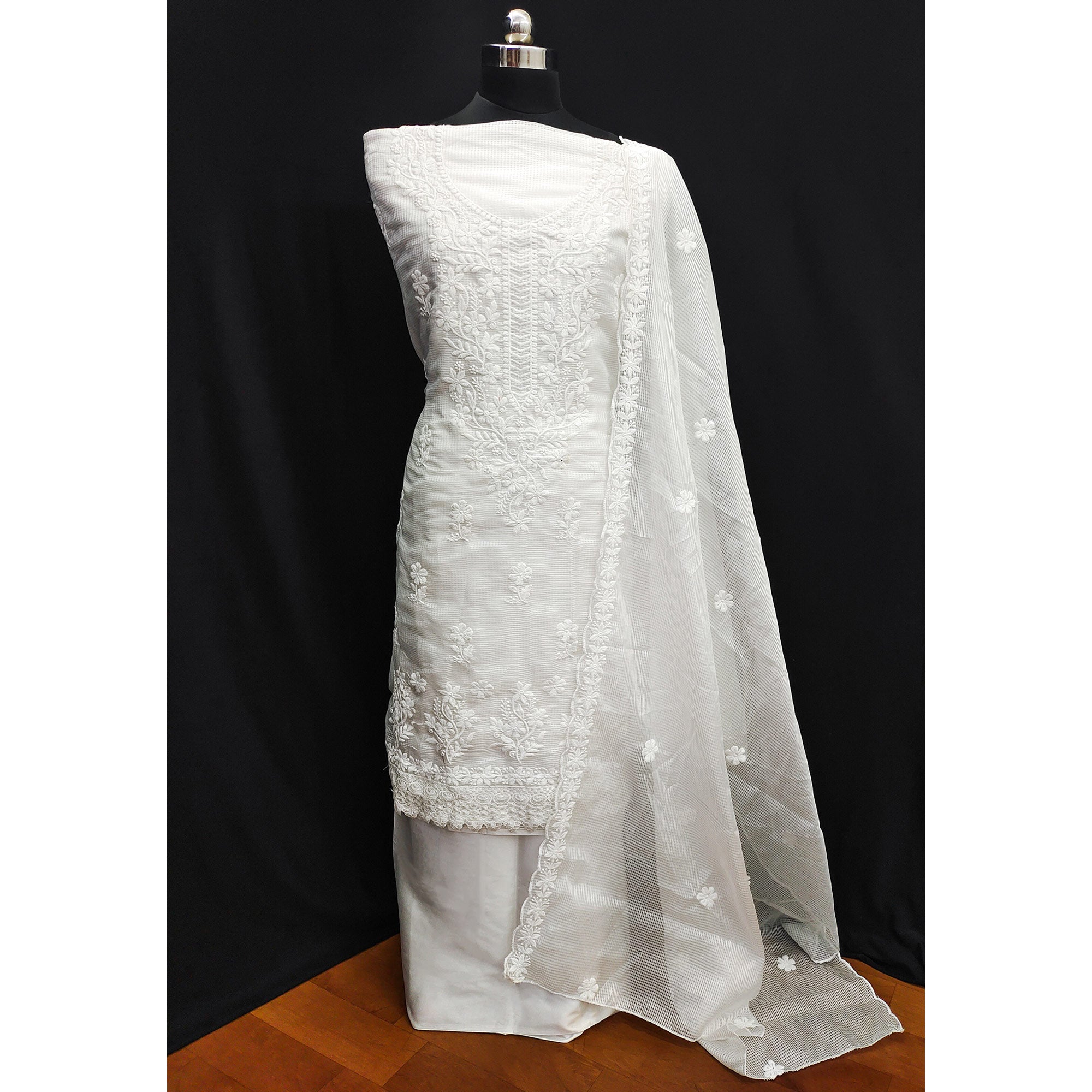 White Floral Embroidered Kota Doria Dress Material