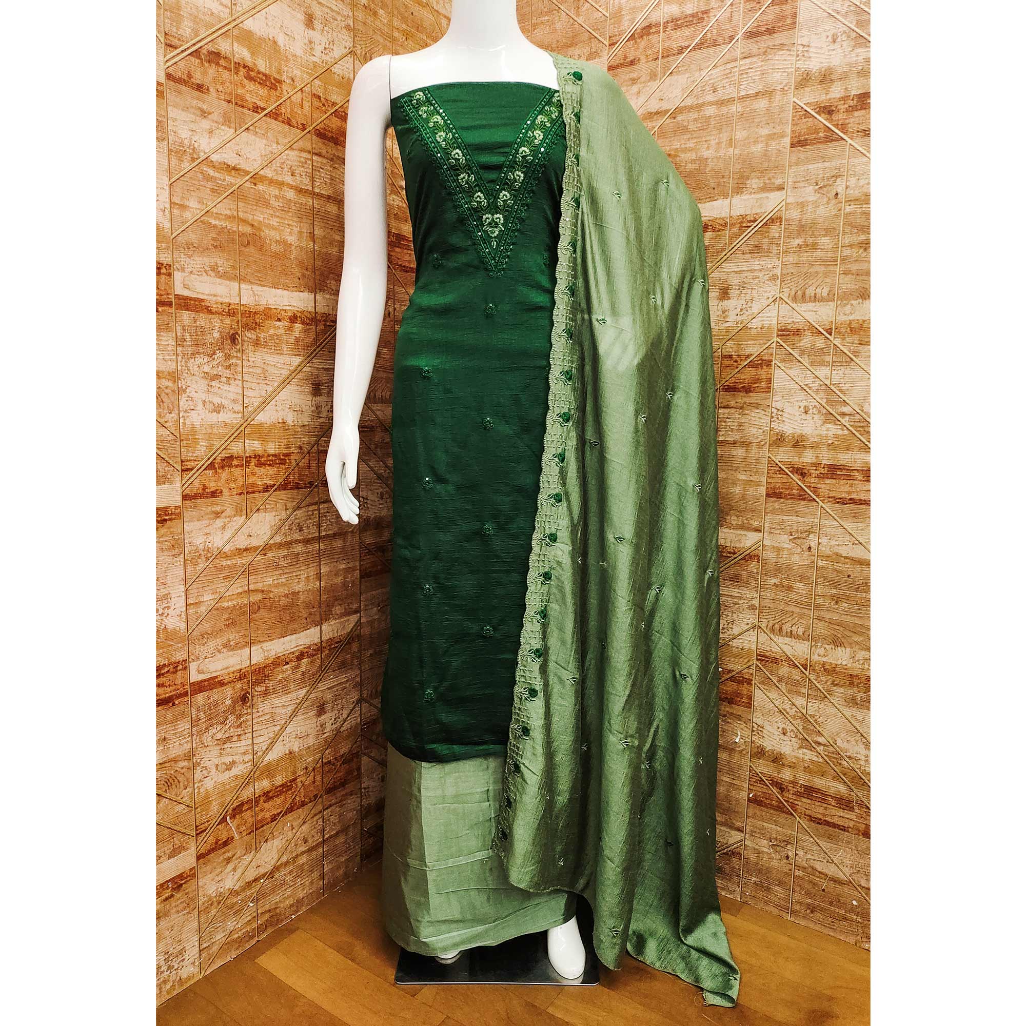 Green Floral Emboidered Vichitra Silk Dress Material