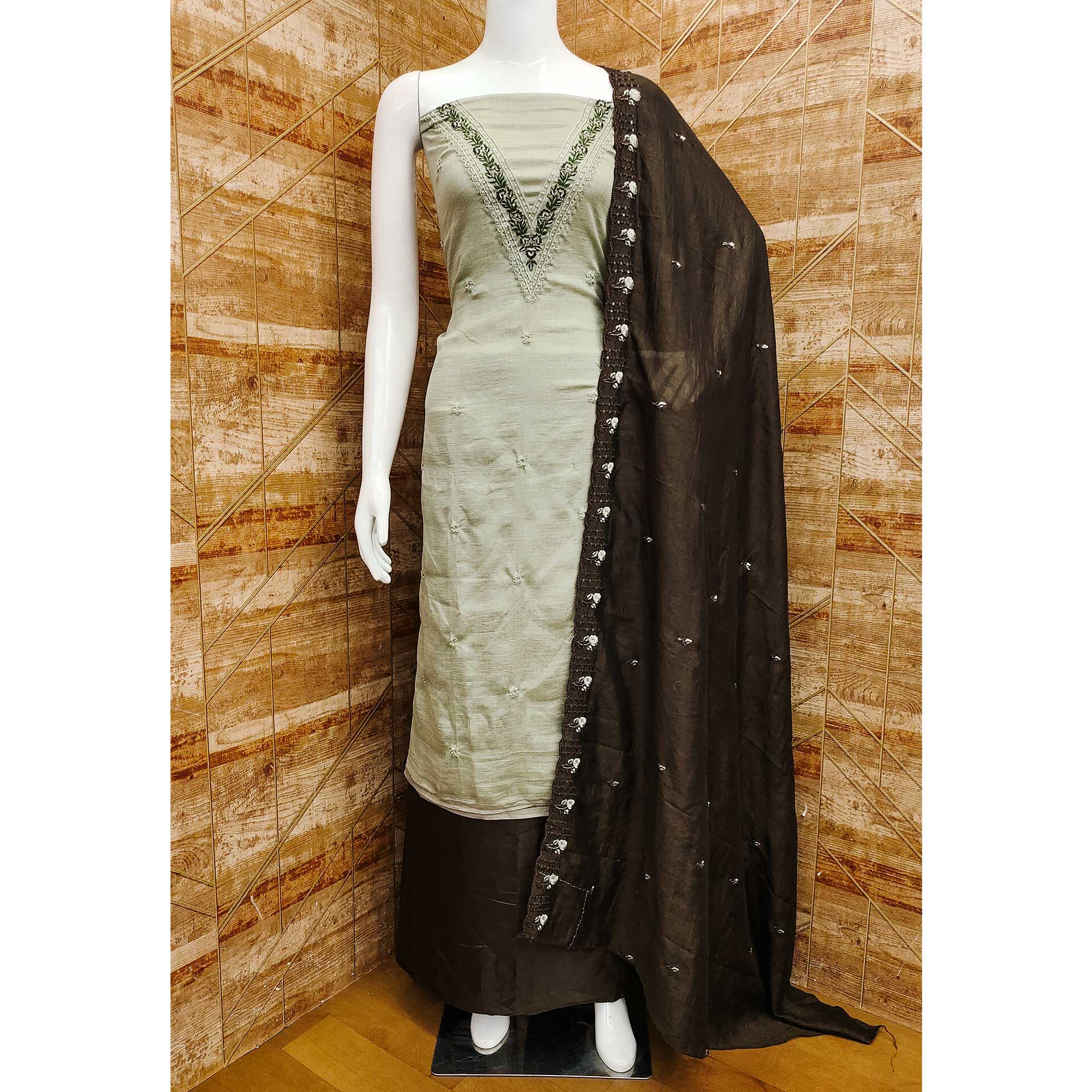 Grey Floral Embroidered Vichitra Silk Dress Material