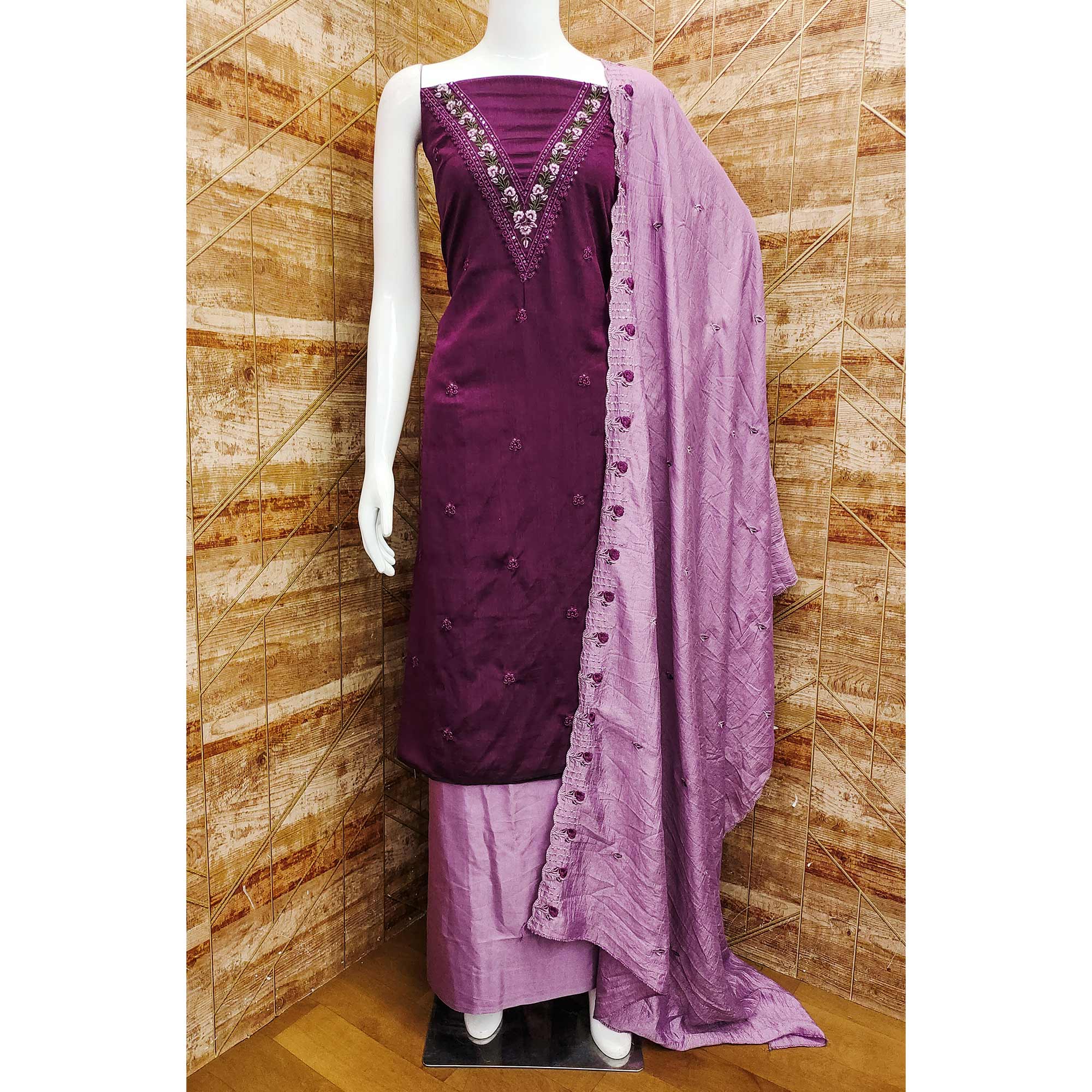 Purple Floral Embroidered Vichitra Silk Dress Material