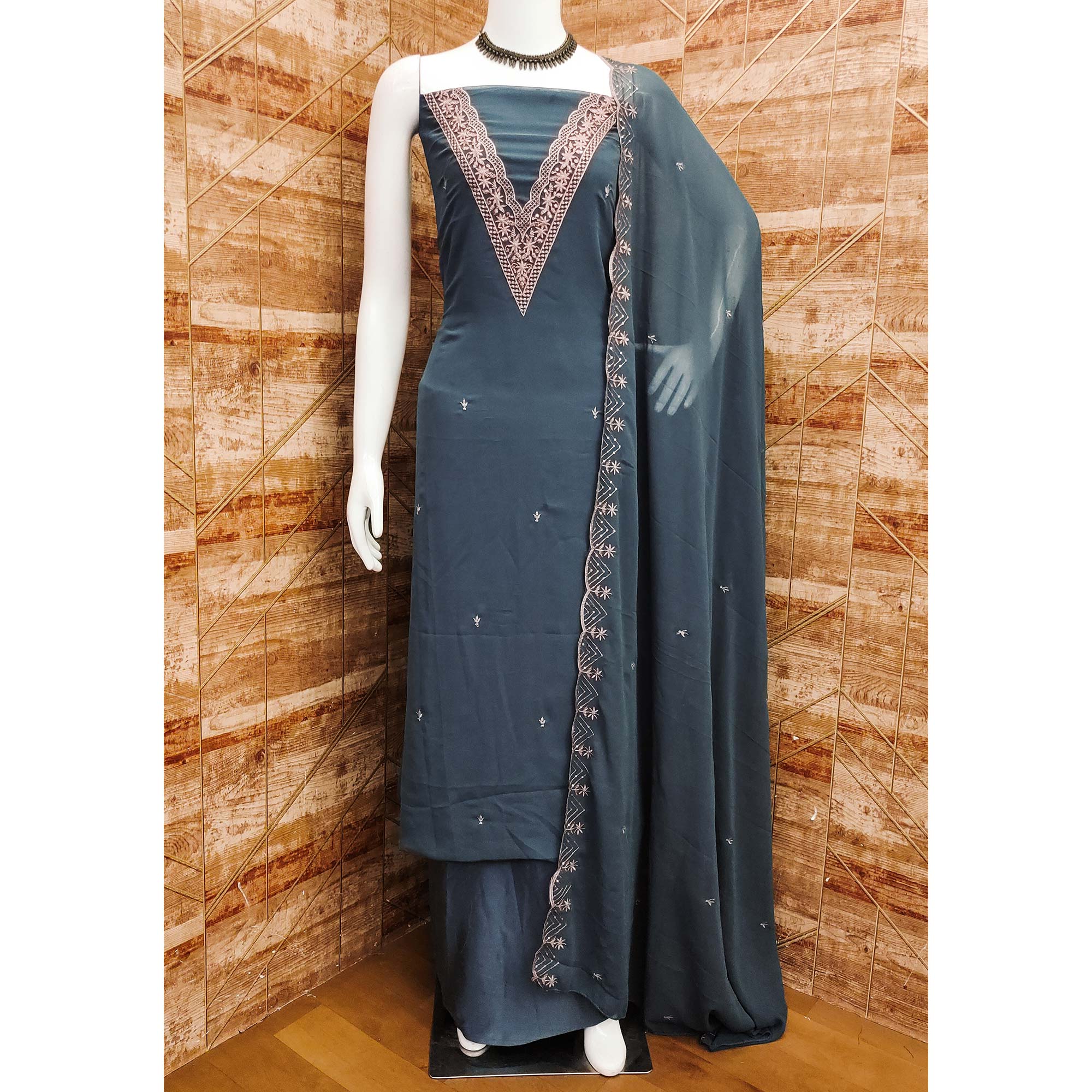 Grey Floral Embroidered Georgette Dress Material