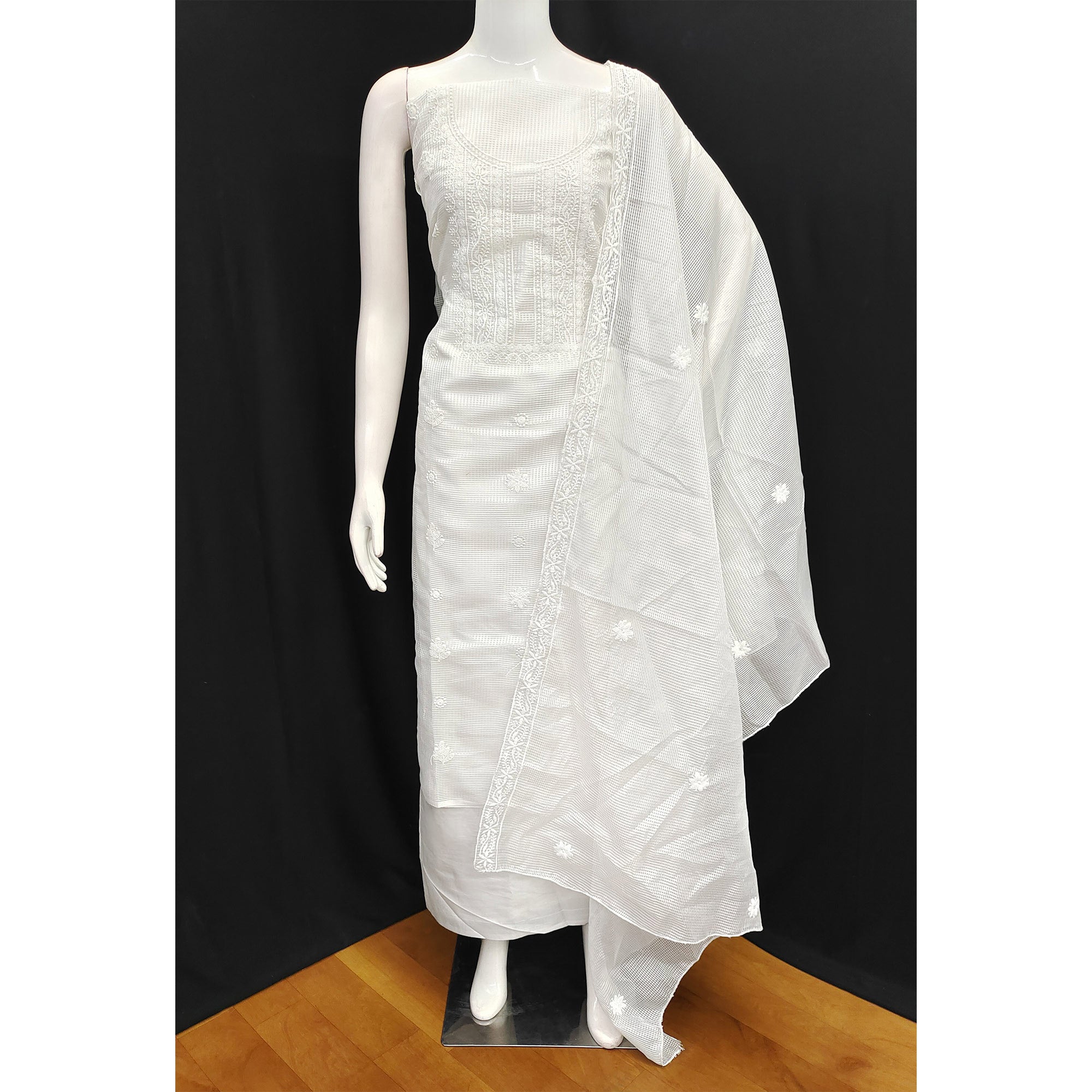 White Floral Embroidered Kota Doria Dress Material