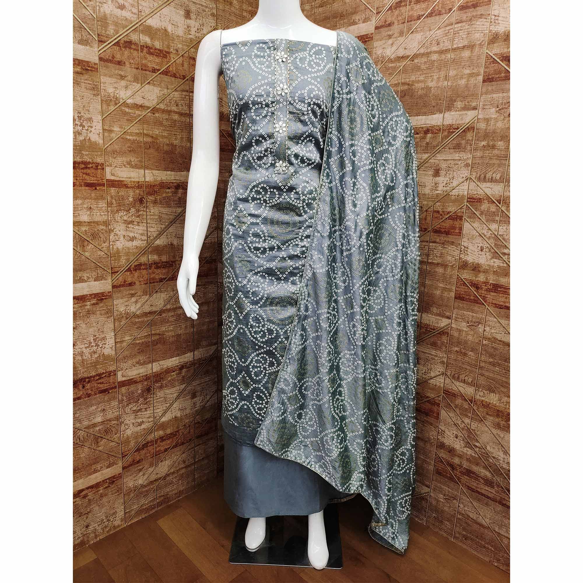 Grey Bandhani Printed Vichitra Silk Dress Material