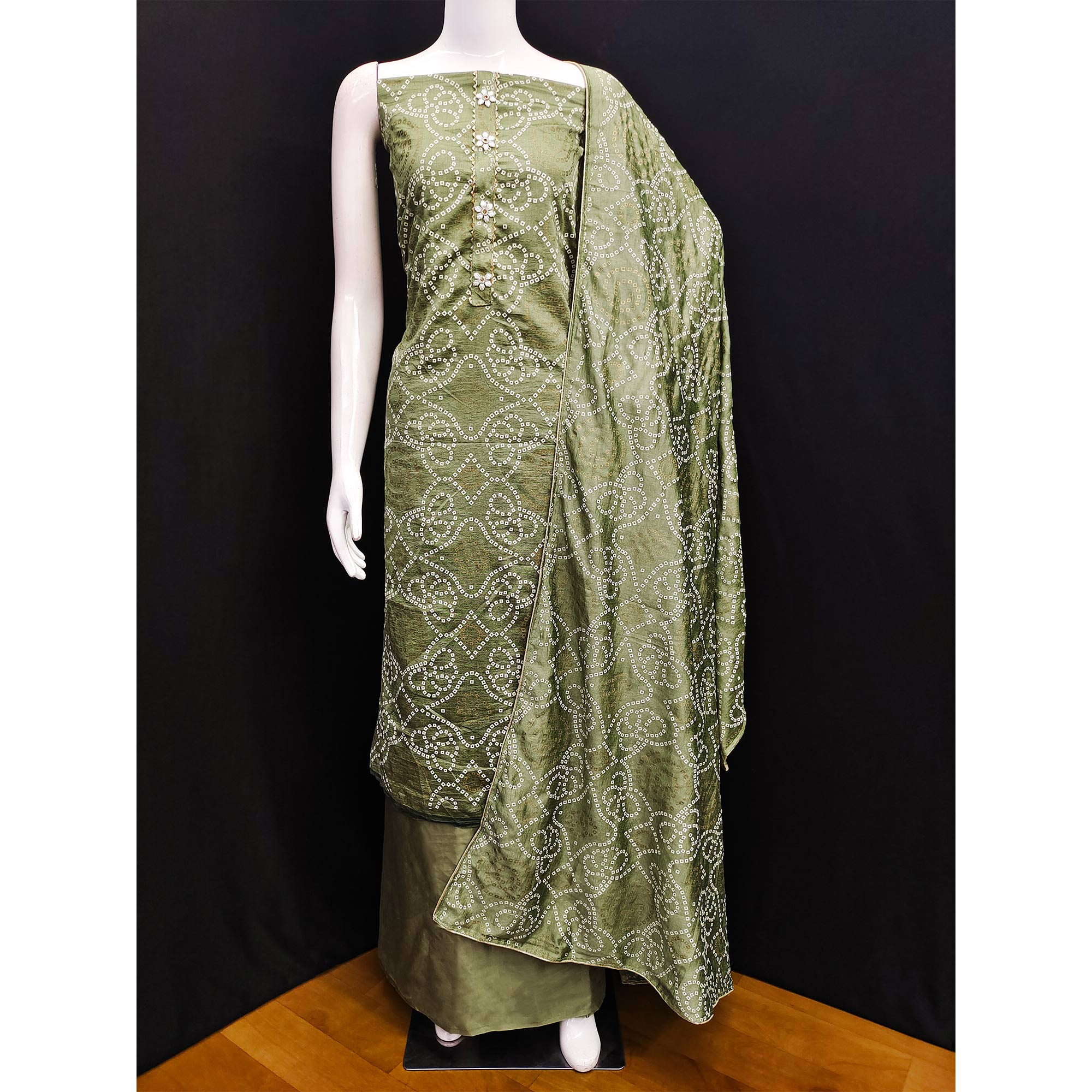 Mehandi Green Bandhani Printed Vichitra Silk Dress Material