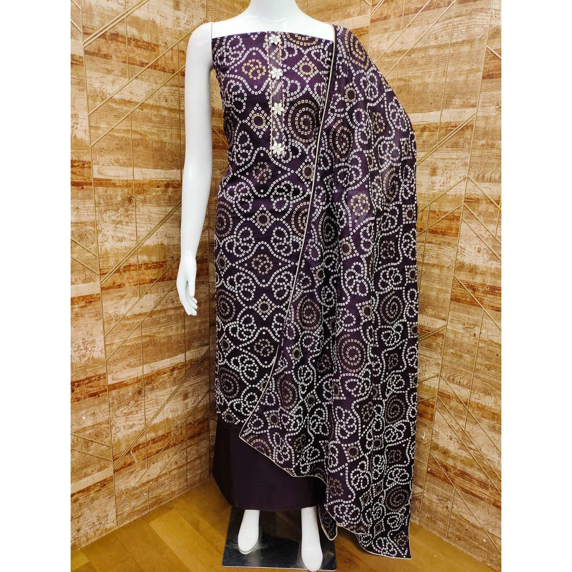 Purple Bandhani Printed Vichitra Silk Dress Material