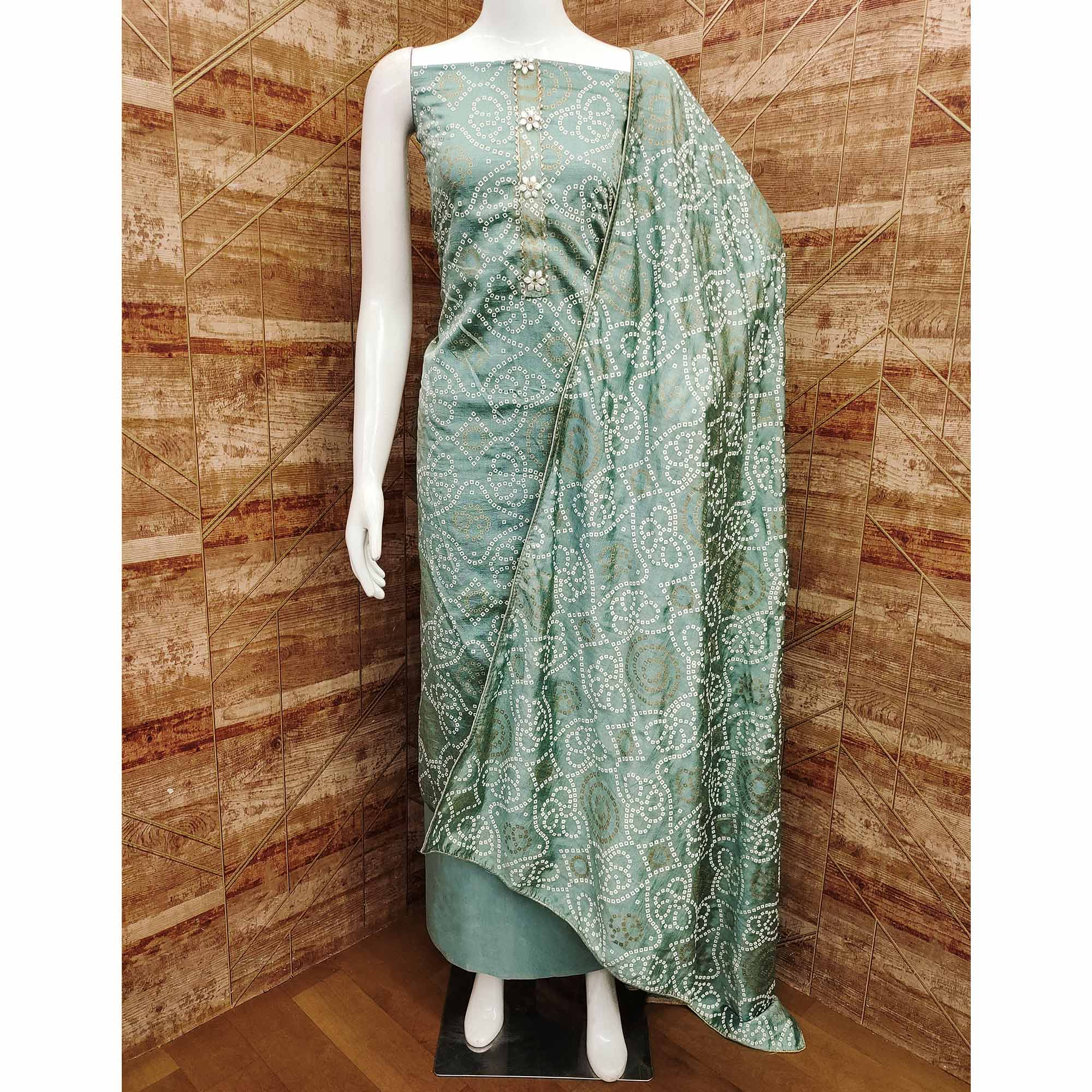 Sea Green Bandhani Printed Vichitra Silk Dress Material