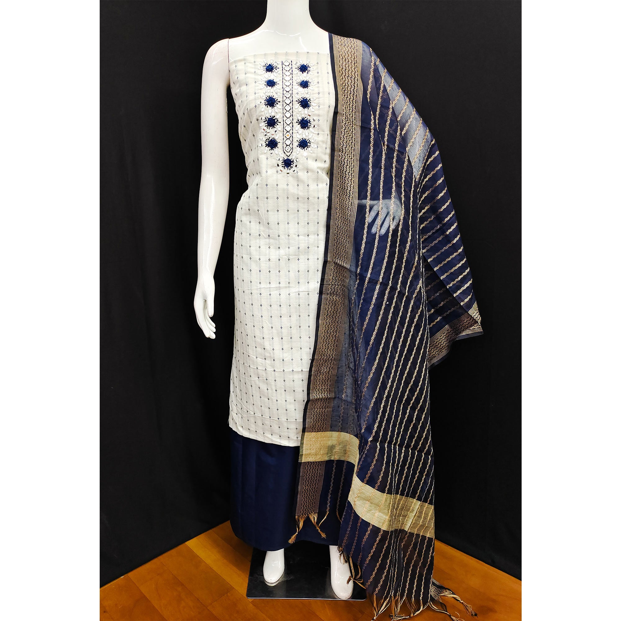 White & Blue Floral Woven Pure Cotton Dress Material