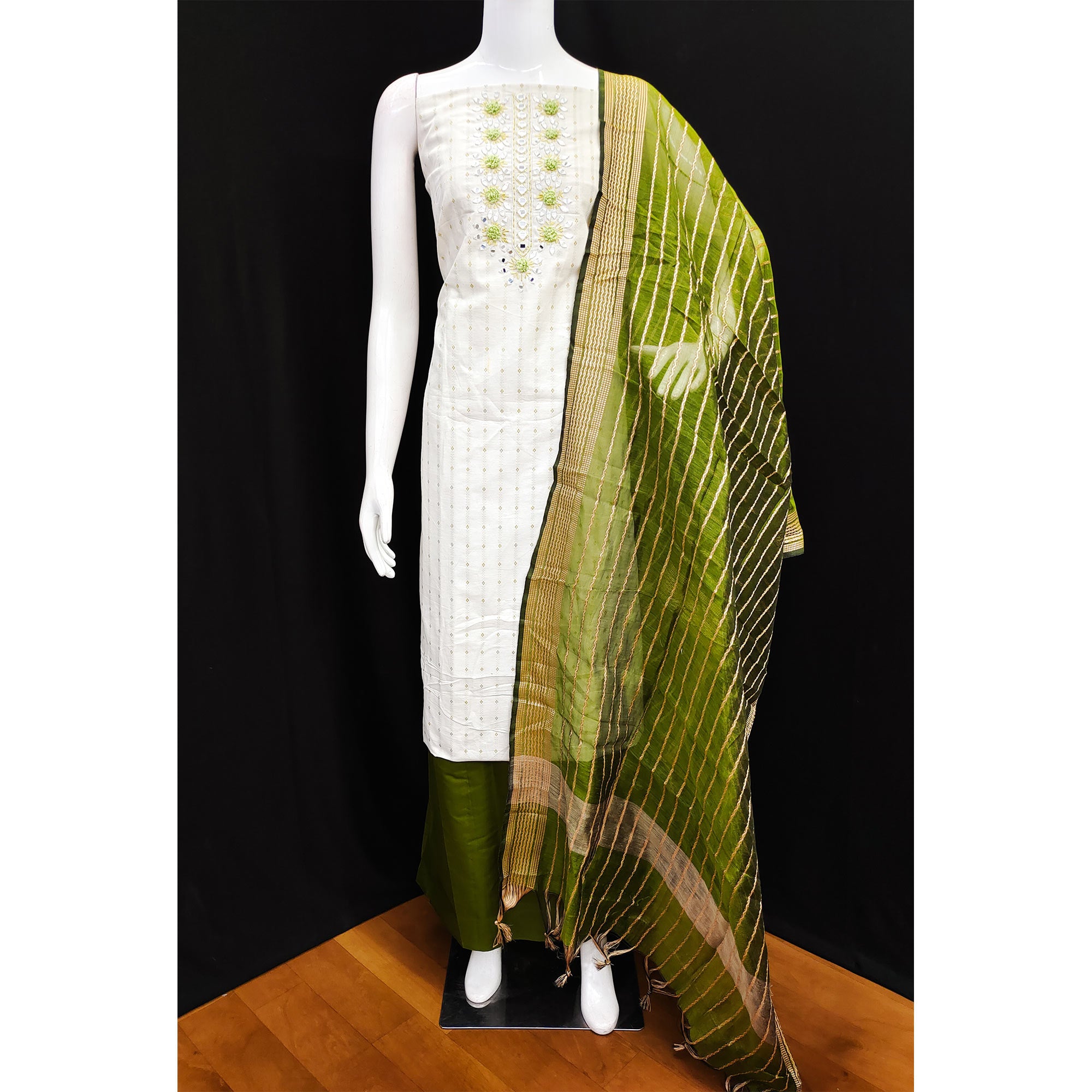White & Green Floral Woven Pure Cotton Dress Material