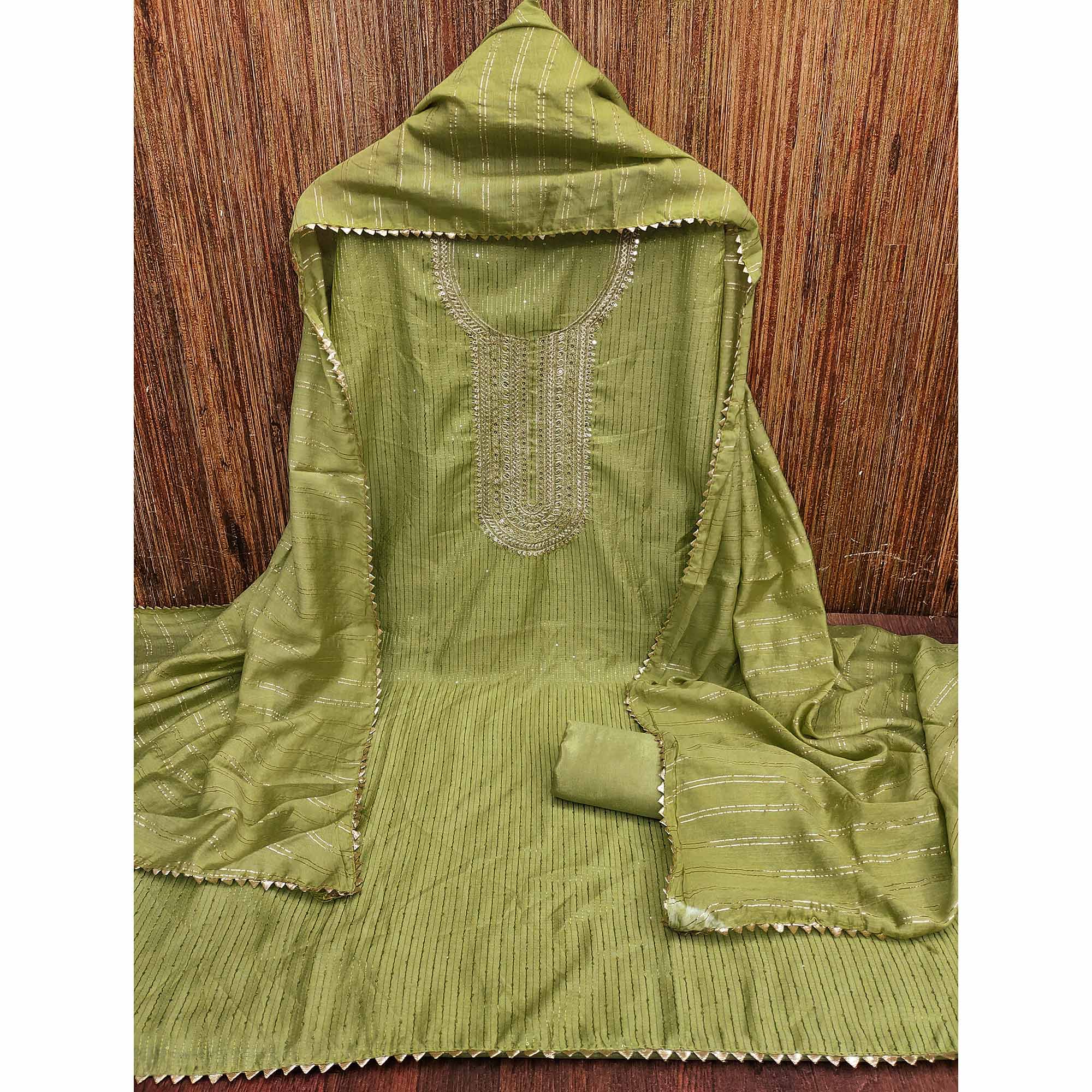 Green Embroidered Chanderi Dress Material