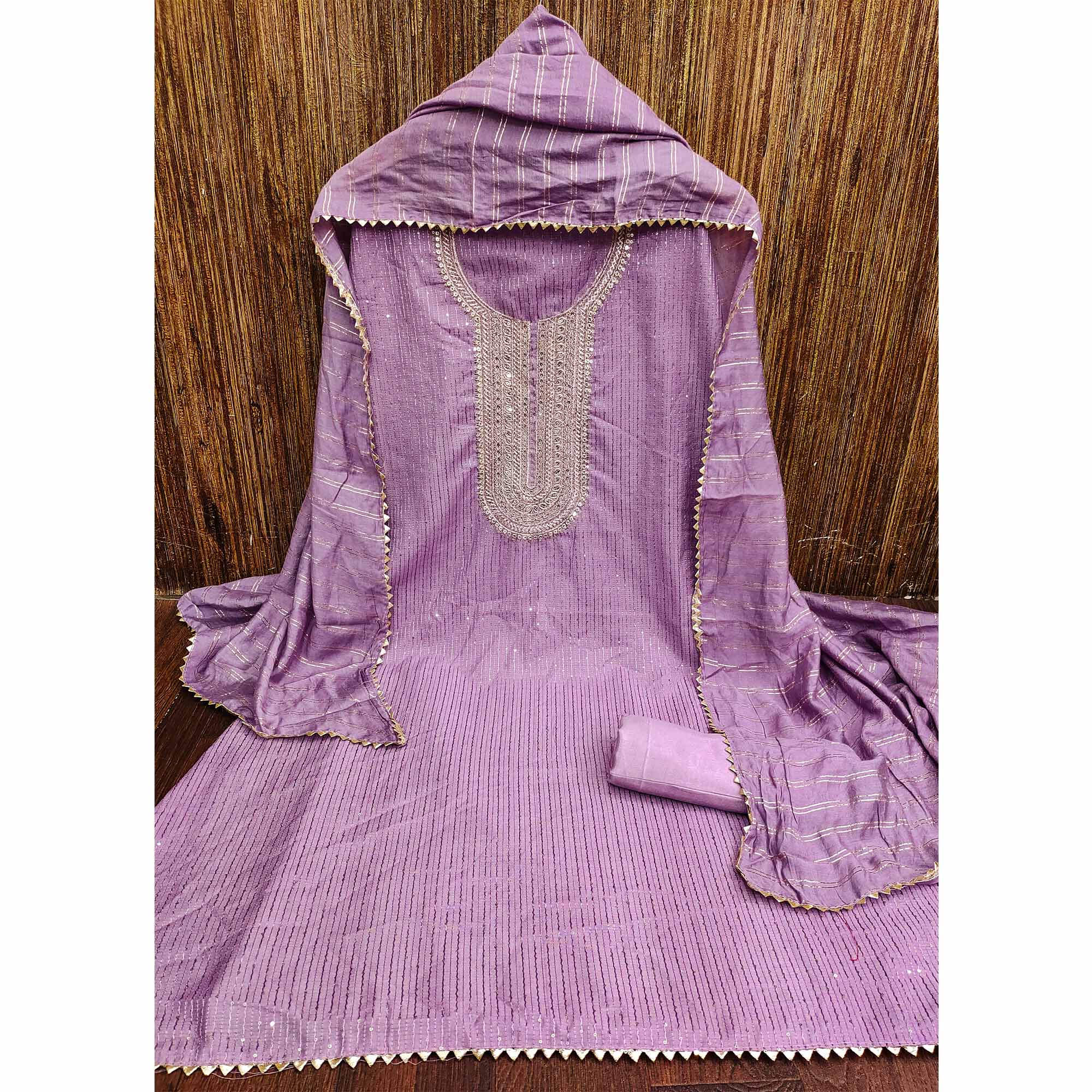 Purple Embroidered Chanderi Dress Material