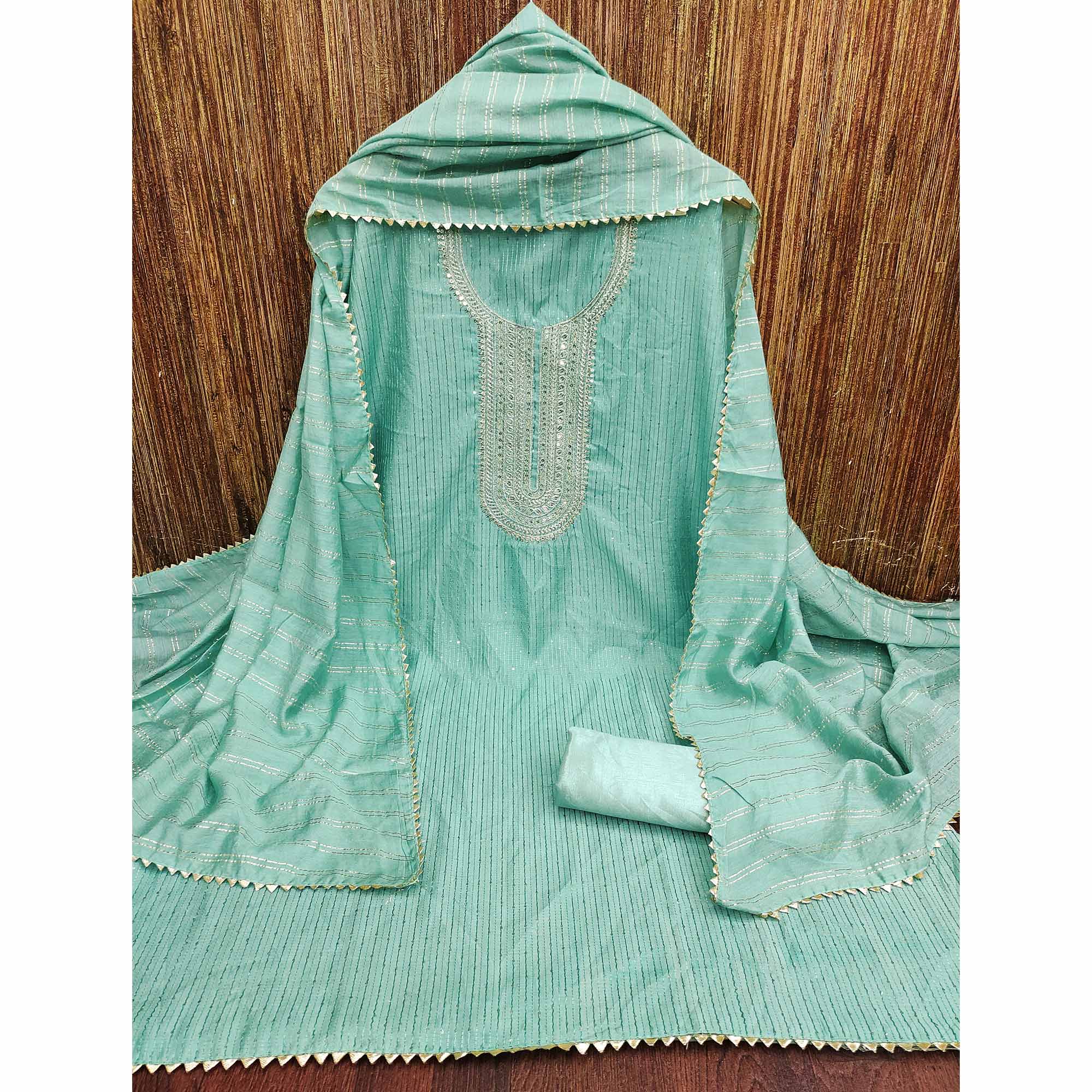 Turquoise Embroidered Chanderi Dress Material