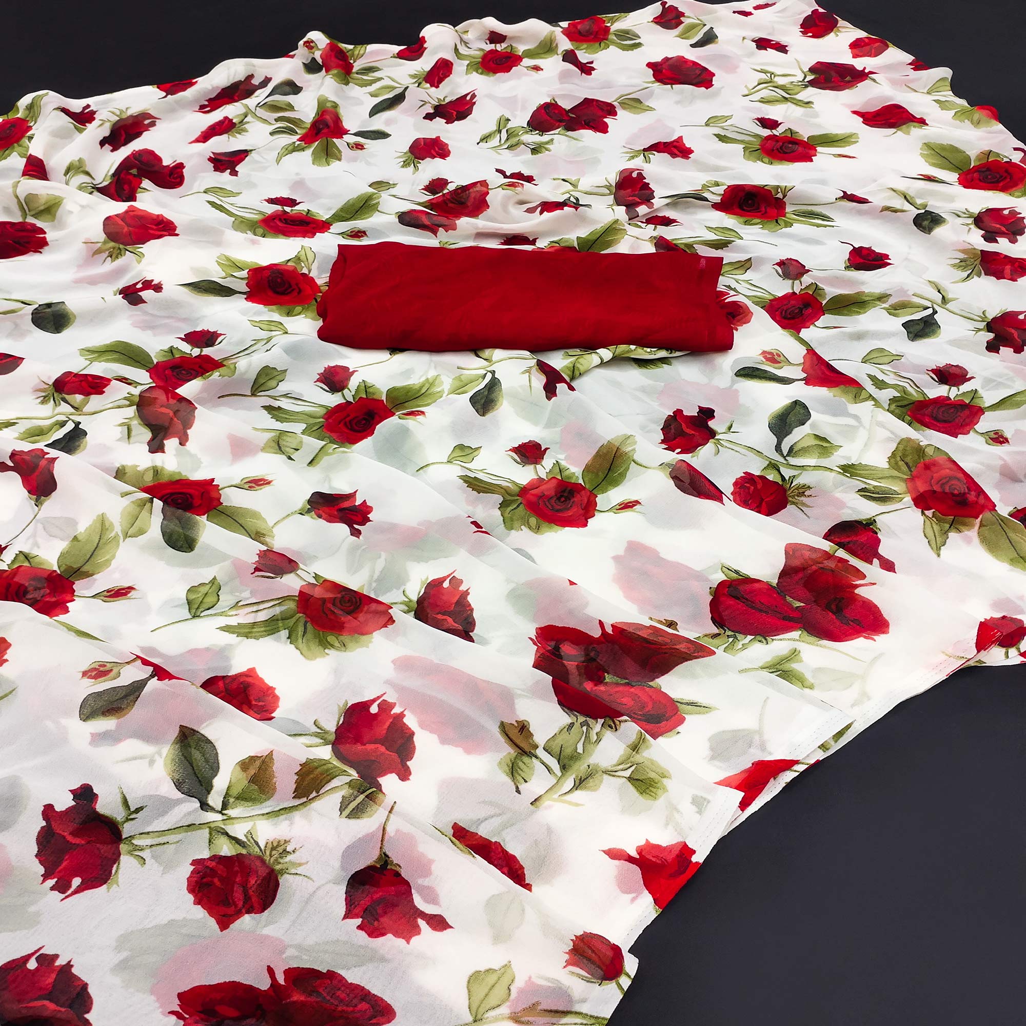 White Digital Floral Printed Georgette Saree