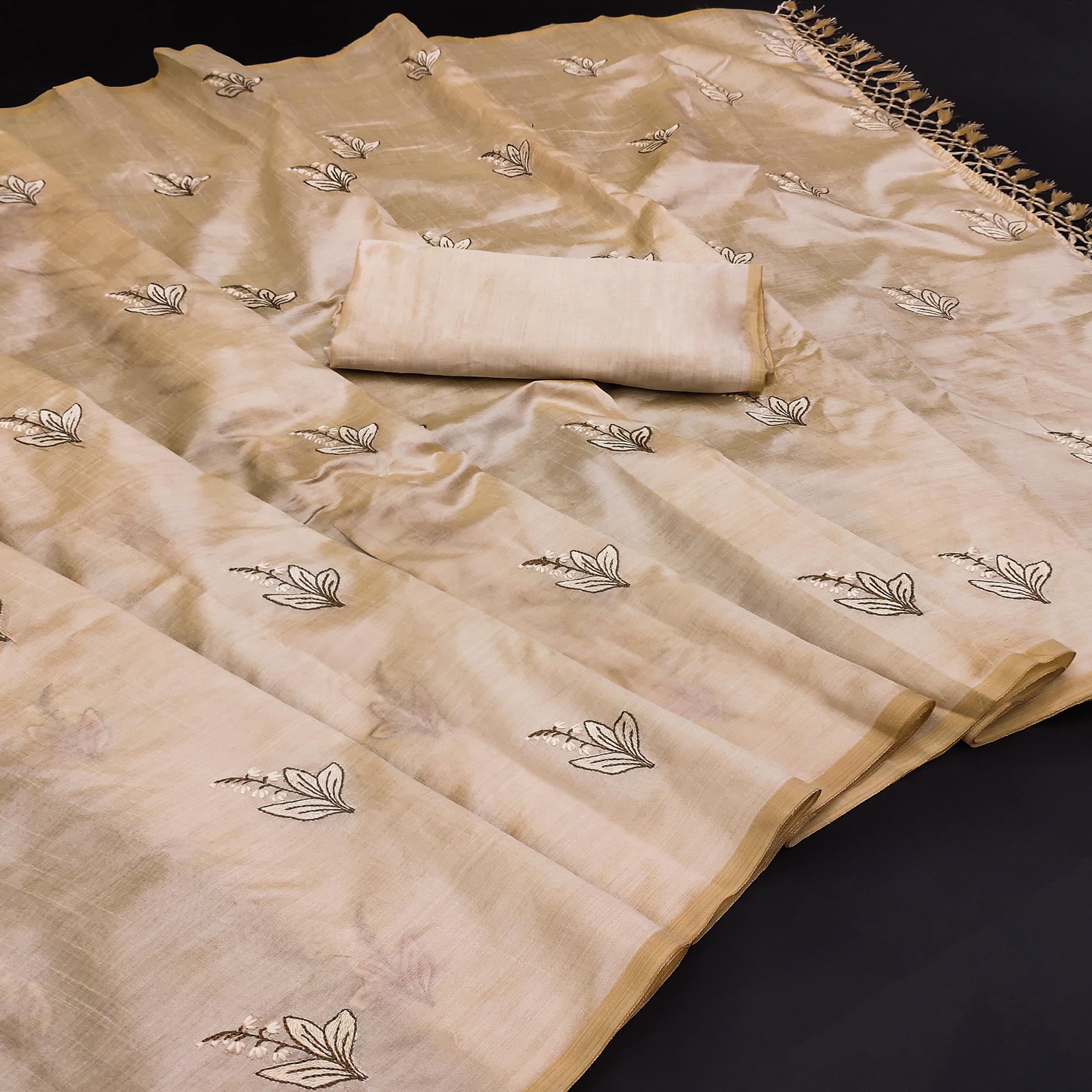 Beige Floral Embroidered Assam Silk Saree With Tassels