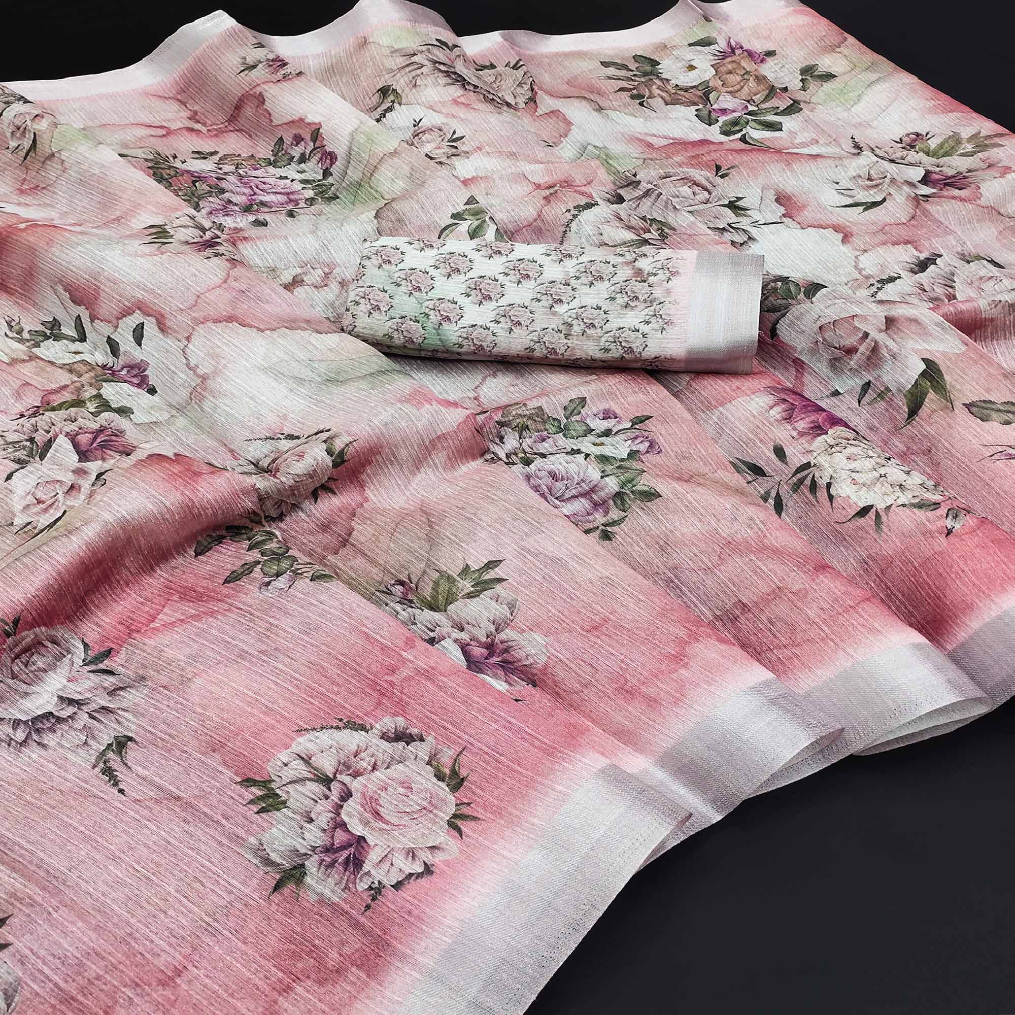 Pink Digital Floral Printed Art Silk Saree