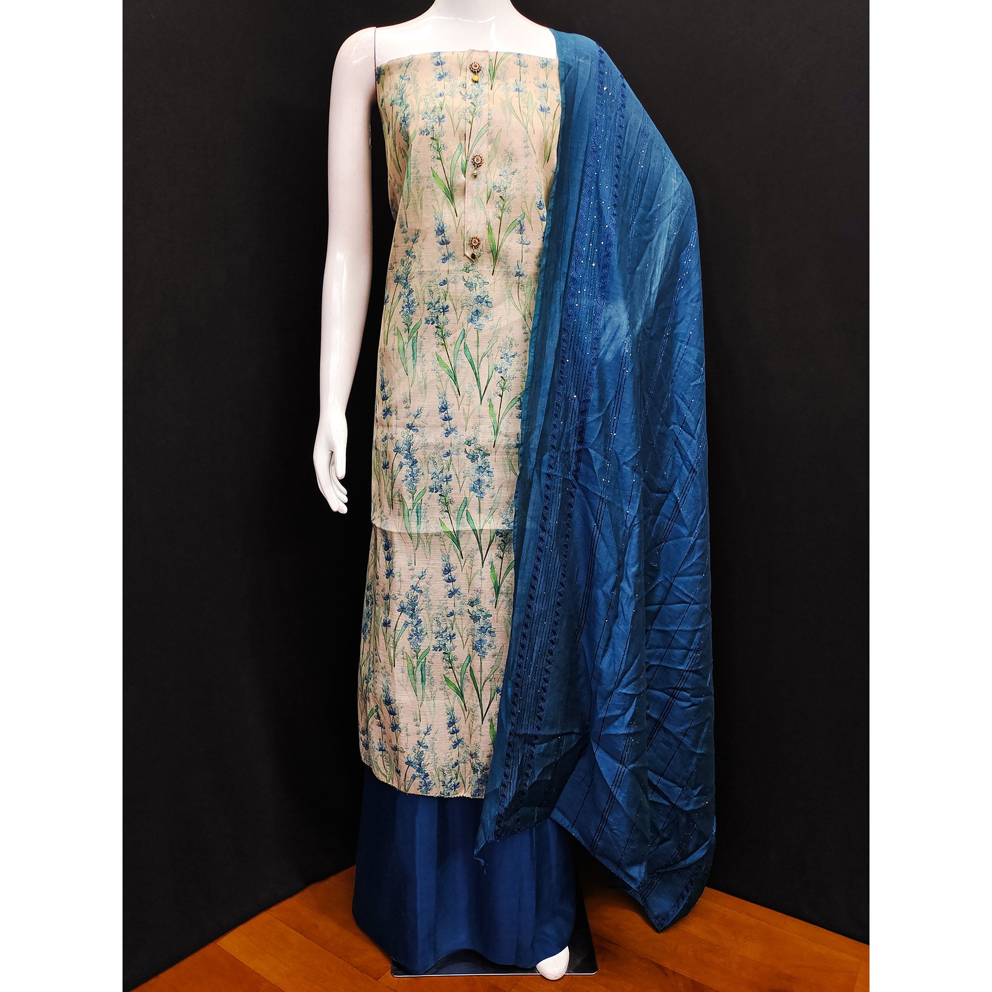 Beige Floral Printed Cotton Silk Dress Material