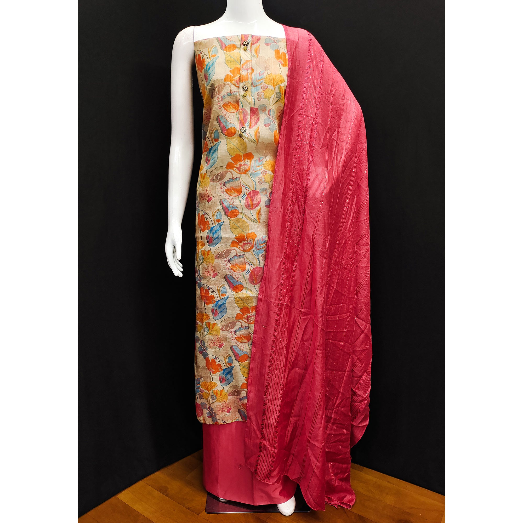 Beige Floral Printed Cotton Silk Dress Material