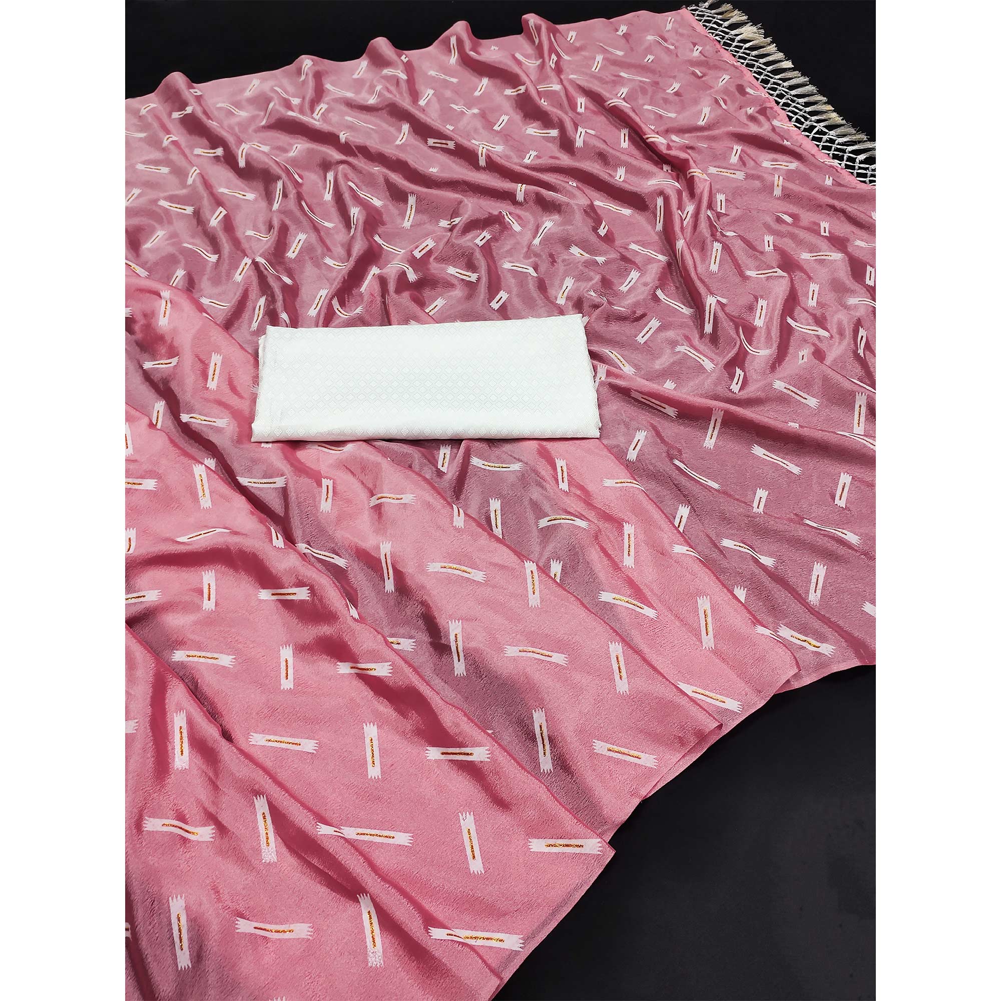 Pink Printed Chiffon Saree With Tassels