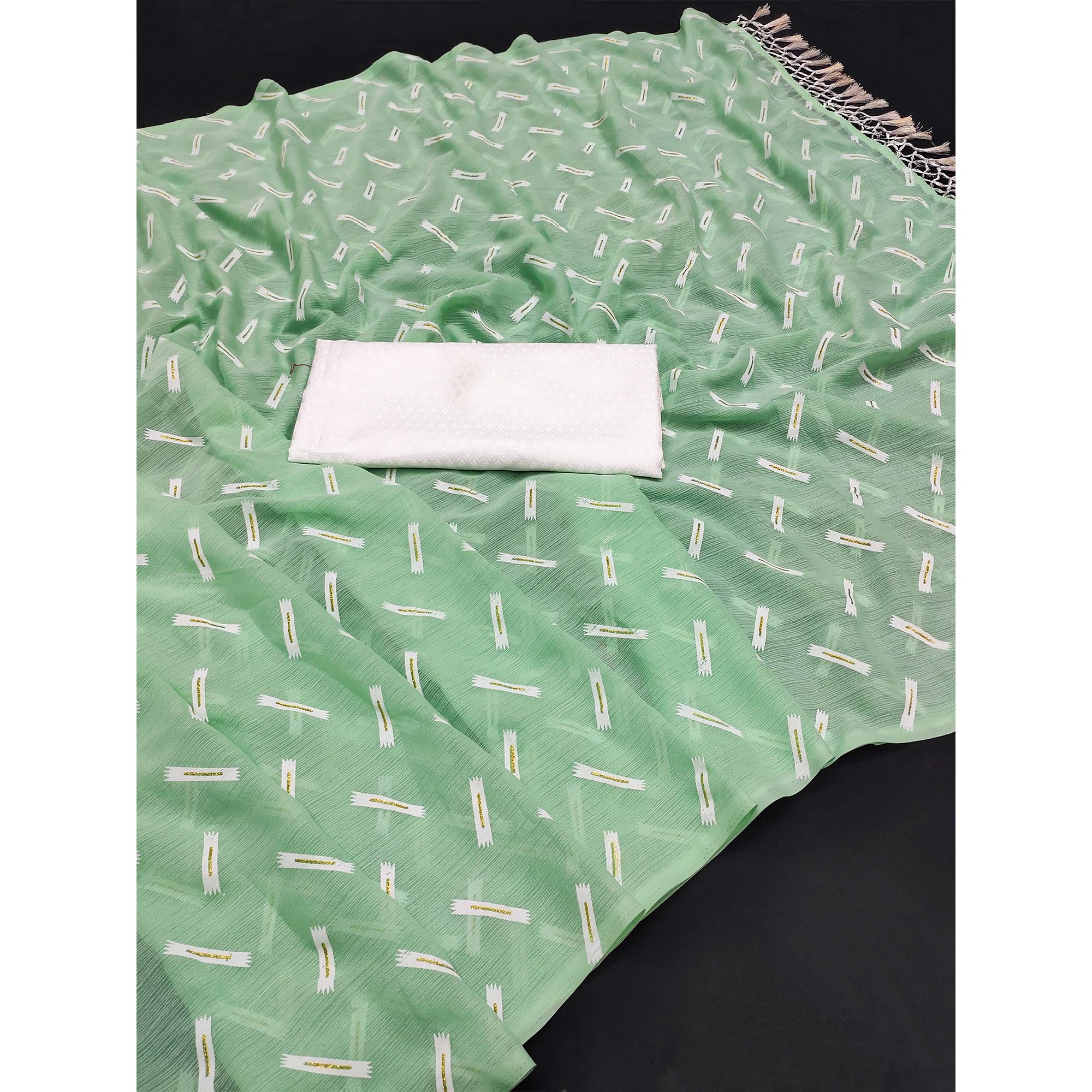 Pista Green Printed Chiffon Saree With Tassels