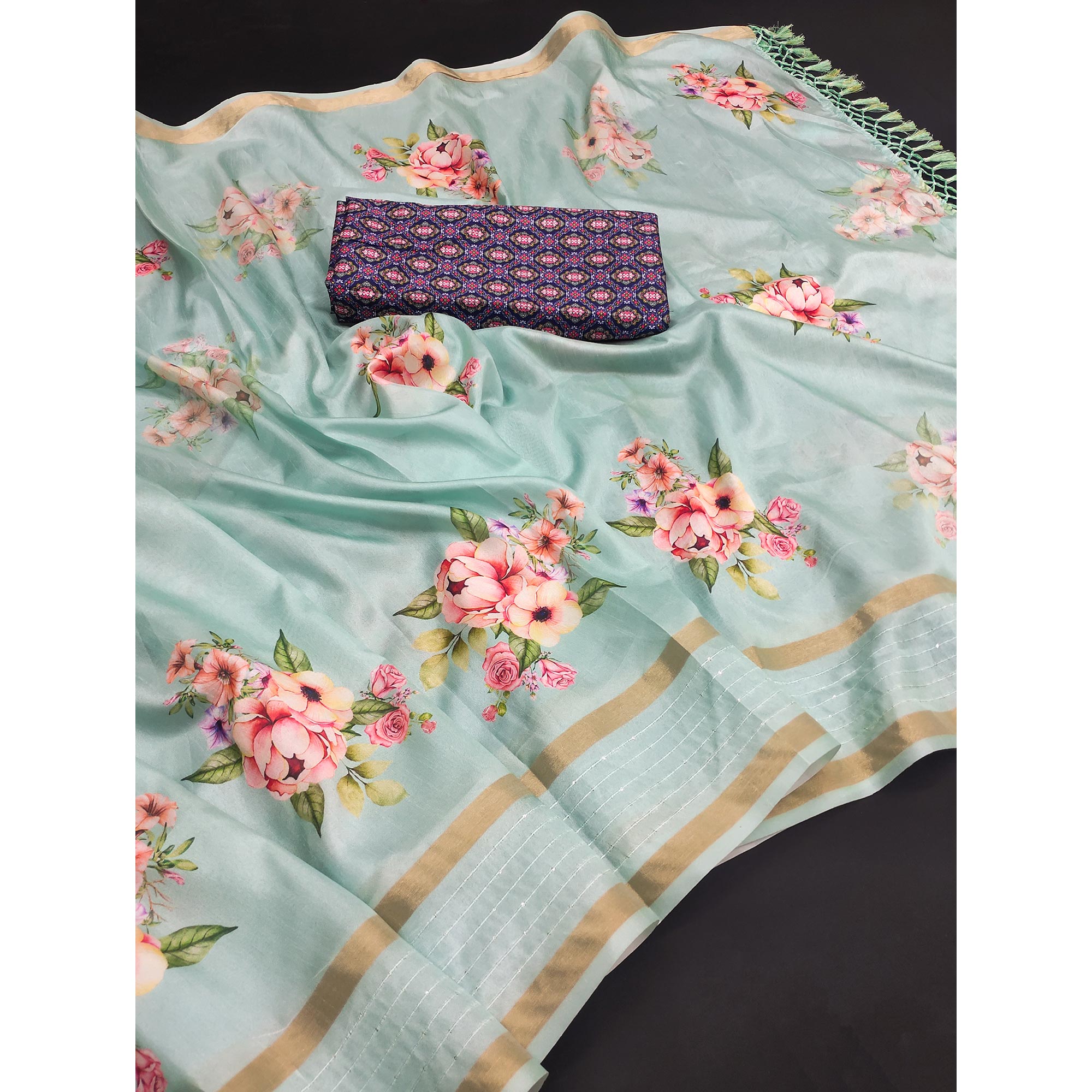 Sea Green Floral Printed Art Silk Saree With Tassels