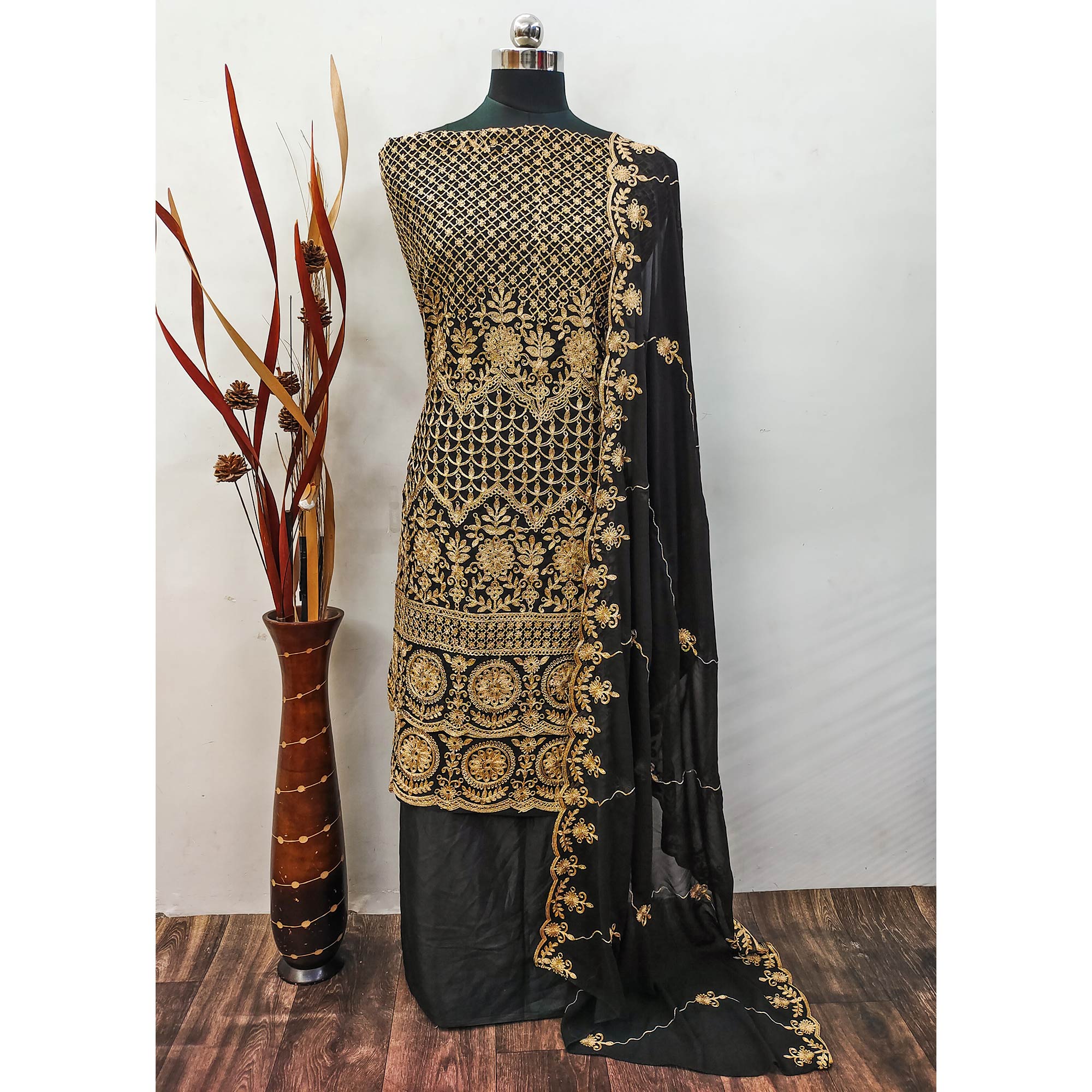 Black Floral Embroidered Georgette Dress Material