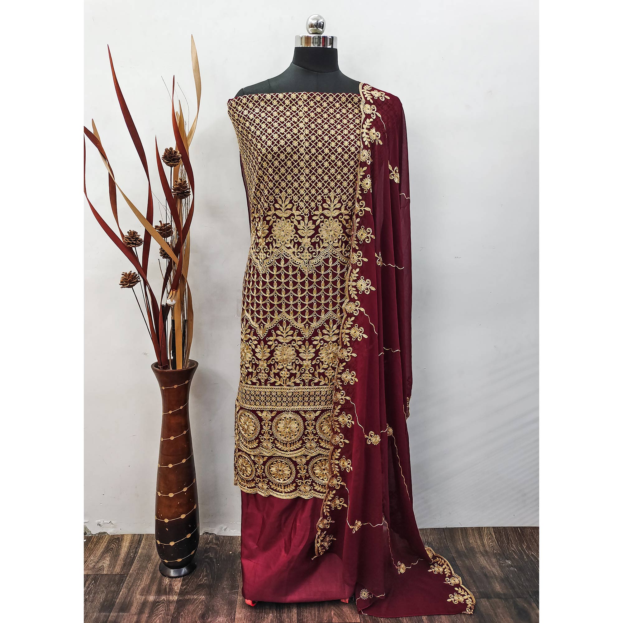 Maroon Floral Embroidered Georgette Dress Material