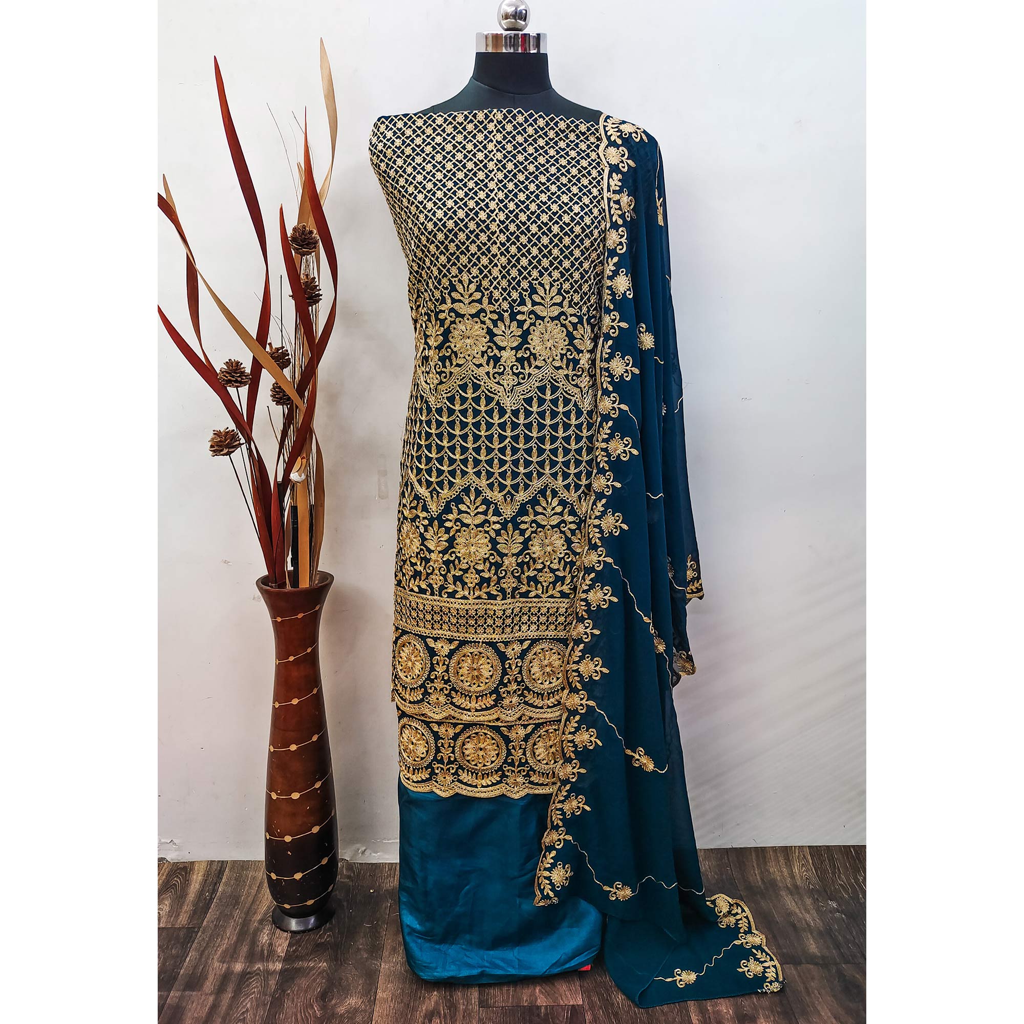 Teal Floral Embroidered Georgette Dress Material