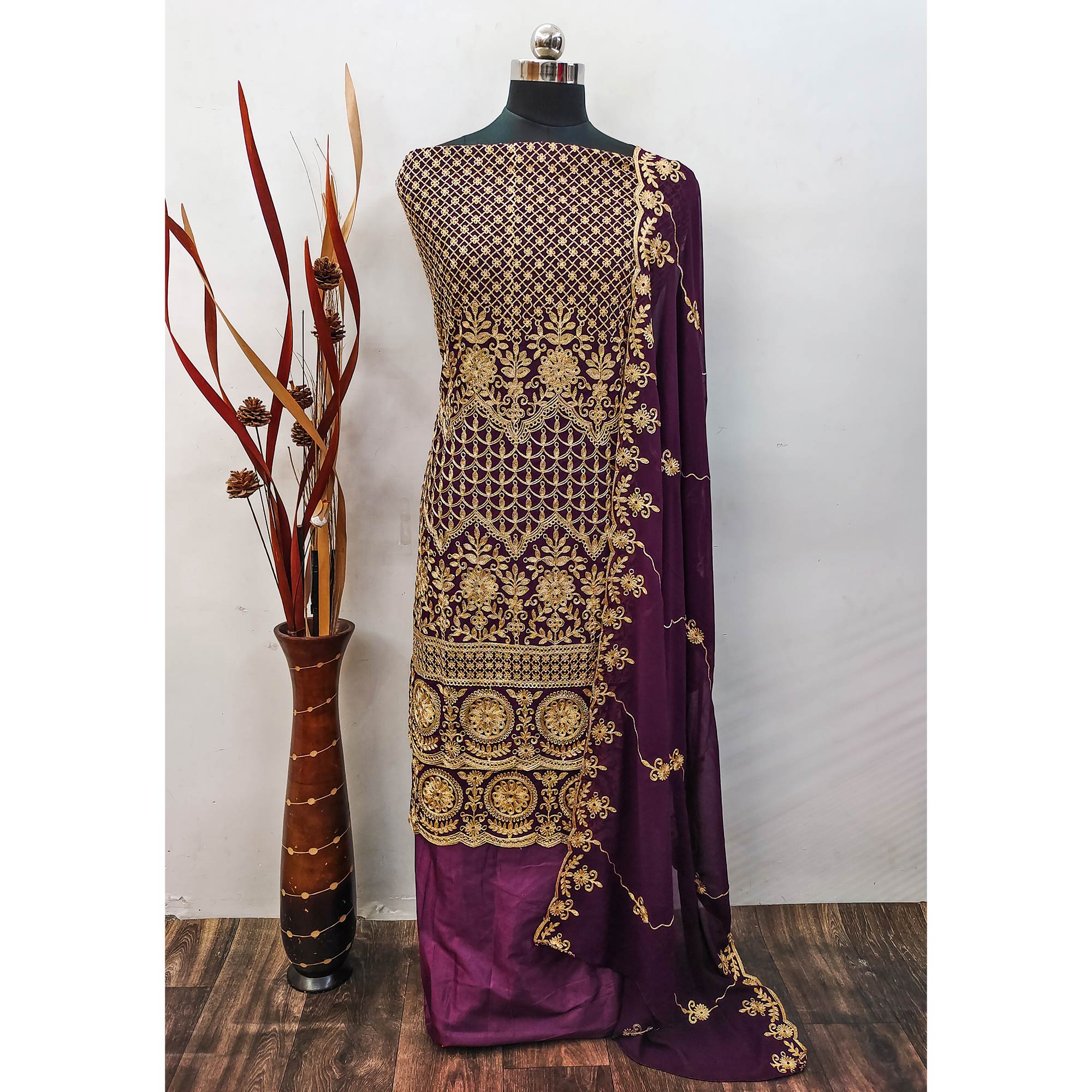 Wine Floral Embroidered Georgette Dress Material