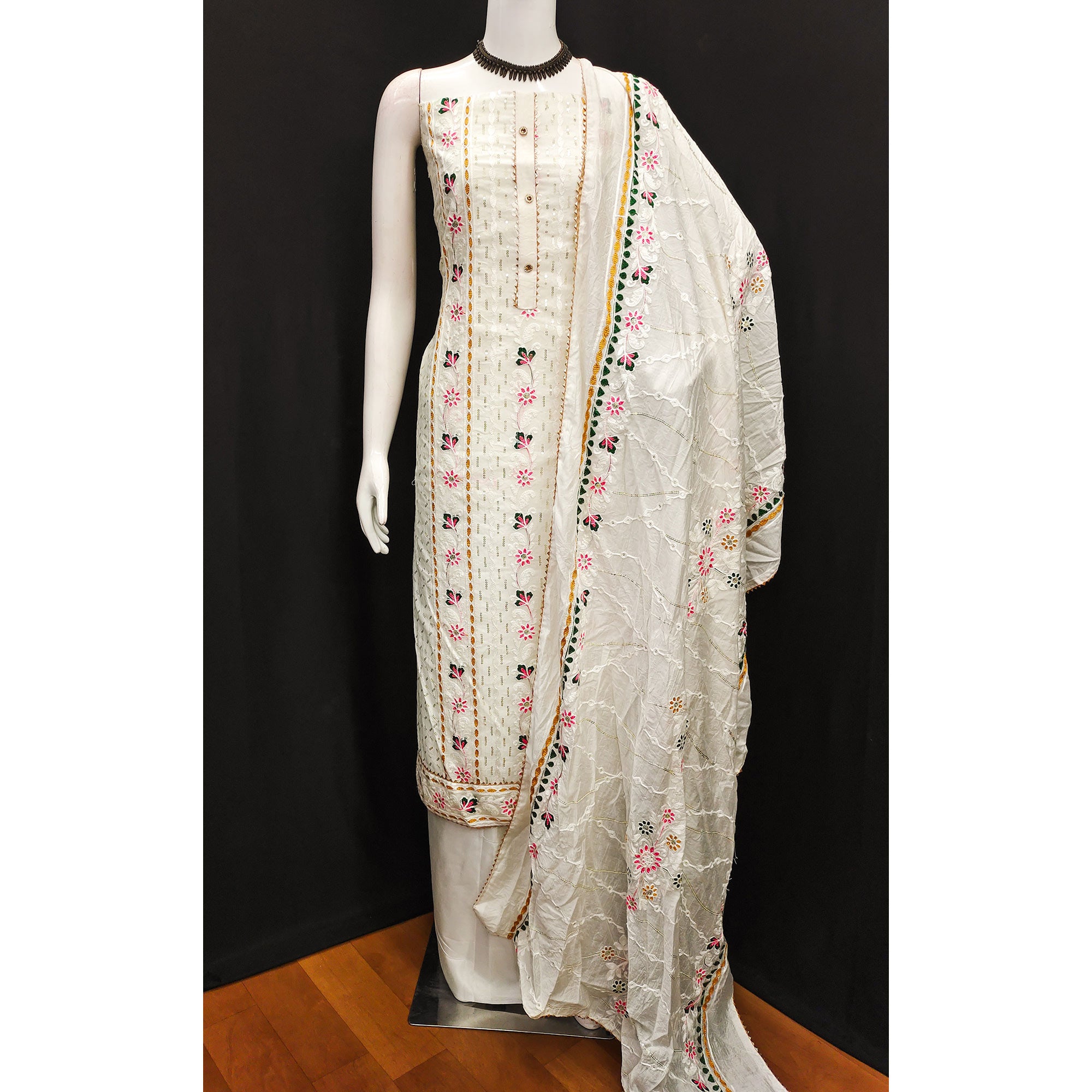 White Floral Embroidered Chanderi Dress Material