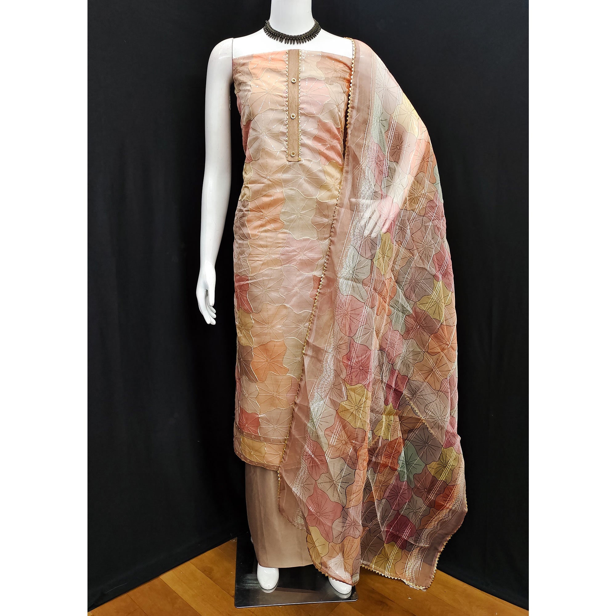 Chikoo Embroidered Organza Dress Material