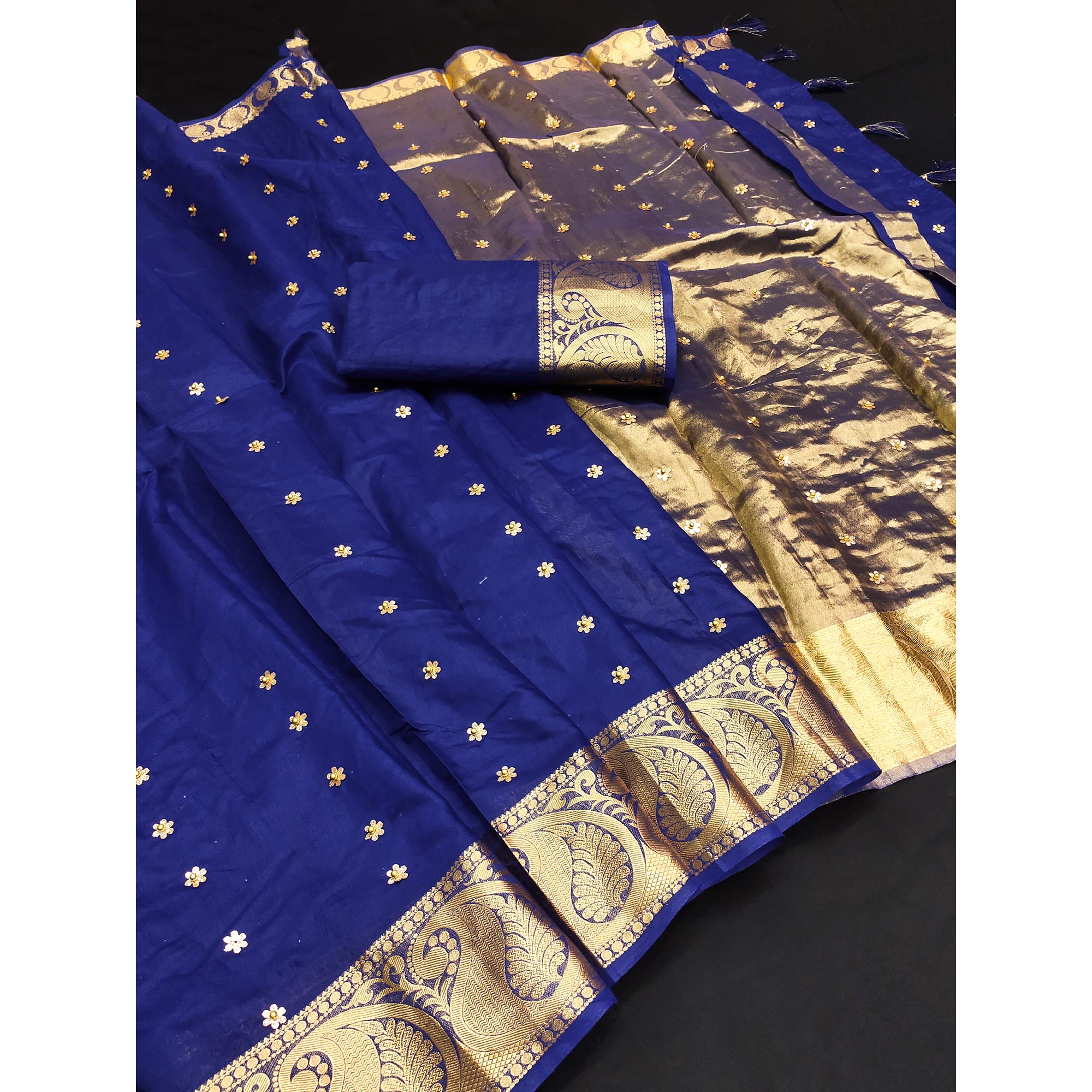 Blue Woven Chanderi Saree With Tassels