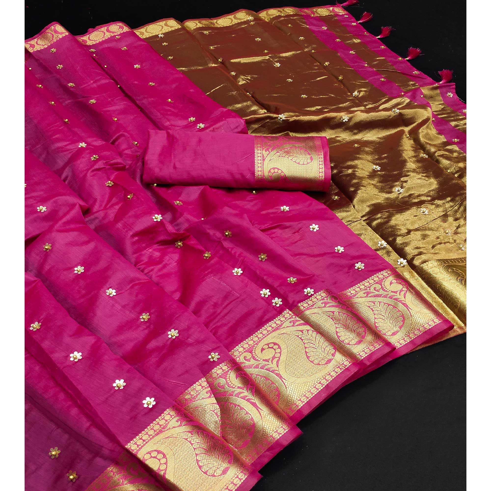 Pink Woven Chanderi Saree With Tassels
