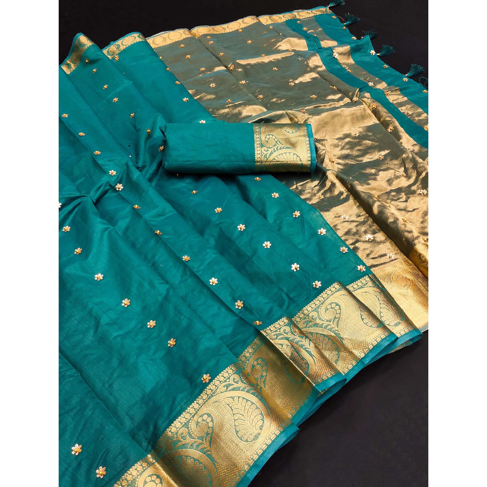 Rama Blue Woven Chanderi Saree With Tassels