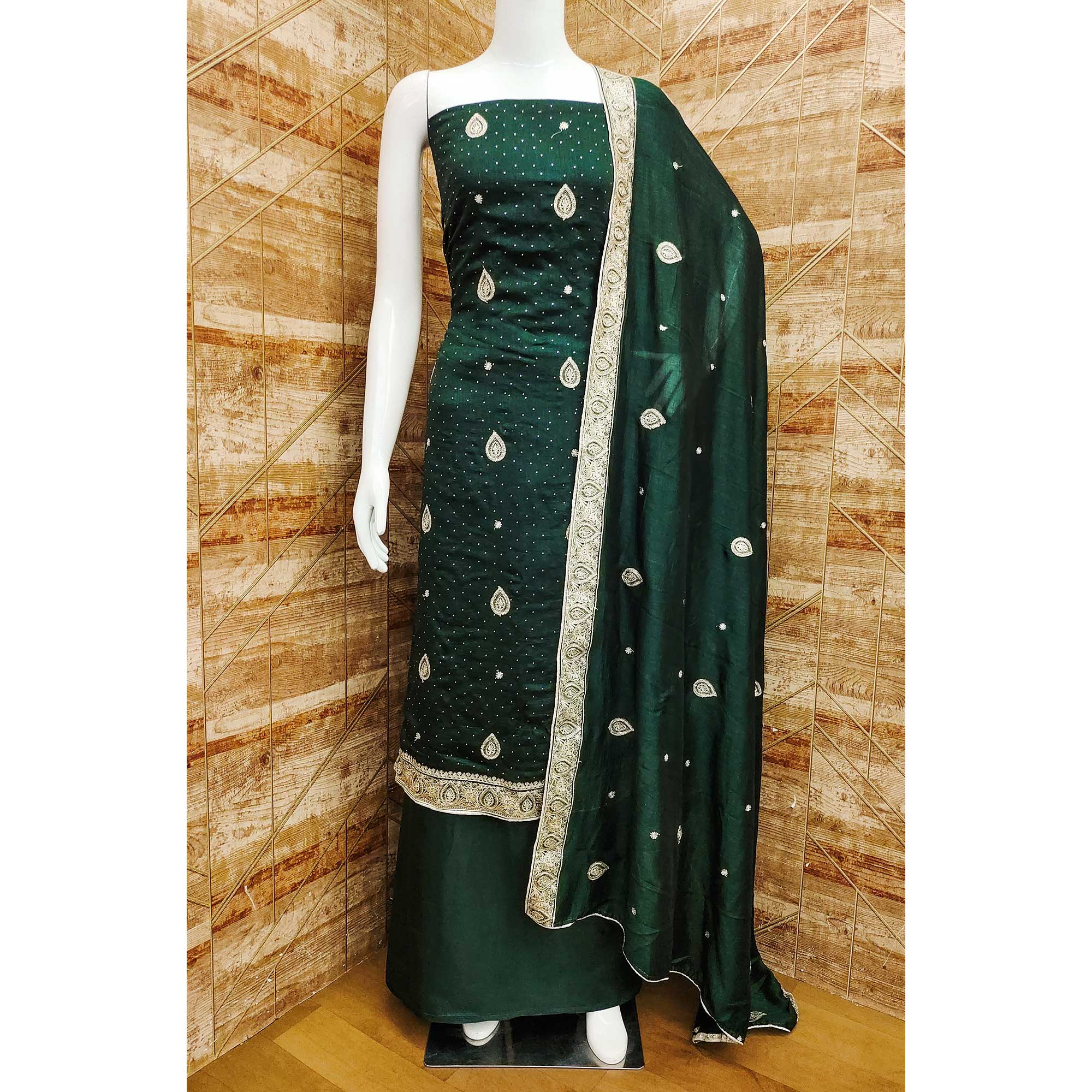 Bottle Green Embroidered Vichitra Silk Dress Material