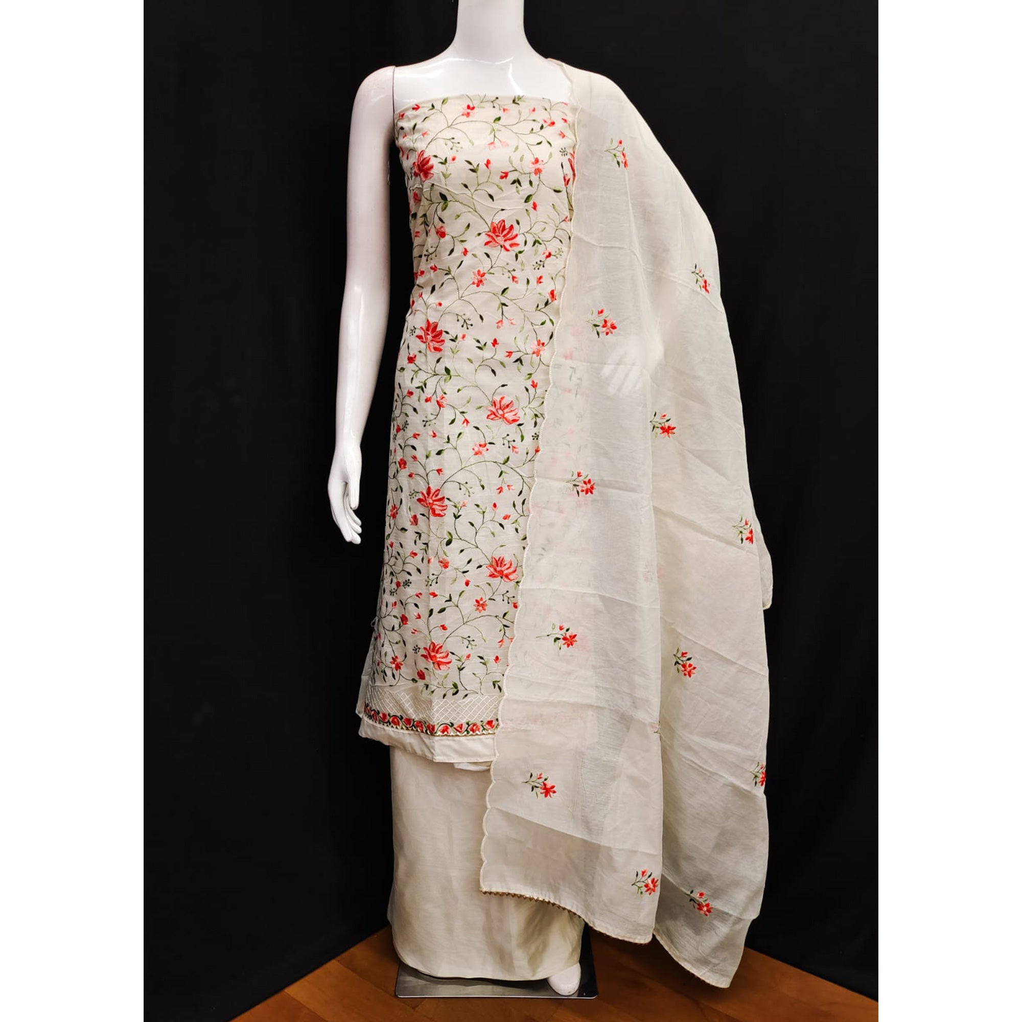 Off White & Orange Floral Embroidered Chanderi Silk Dress Material