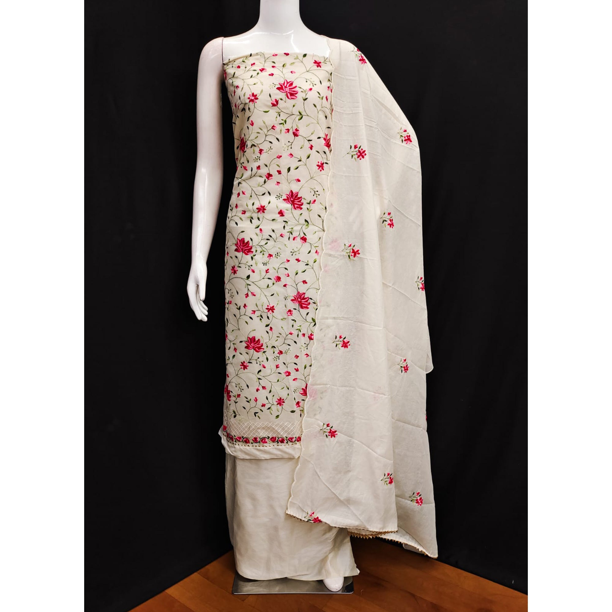 Off White & Pink Floral Embroidered Chanderi Silk Dress Material