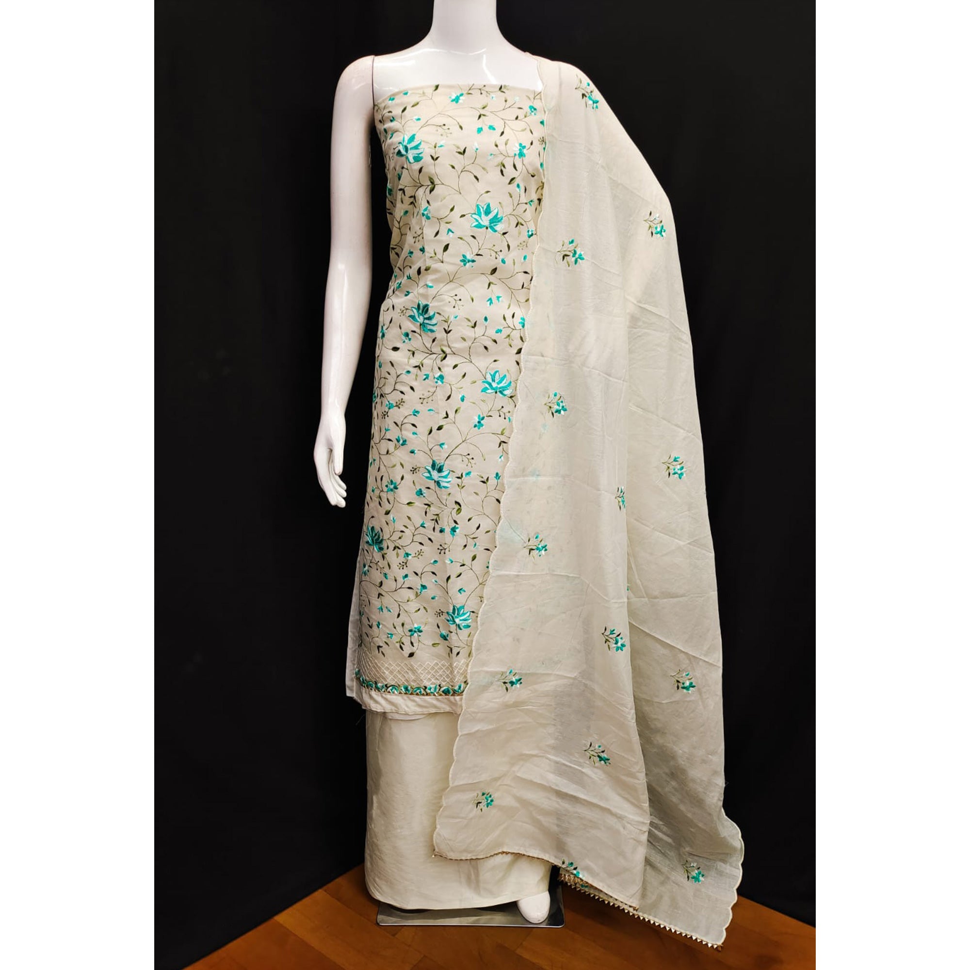 Off White & Turquoise Floral Embroidered Chanderi Silk Dress Material
