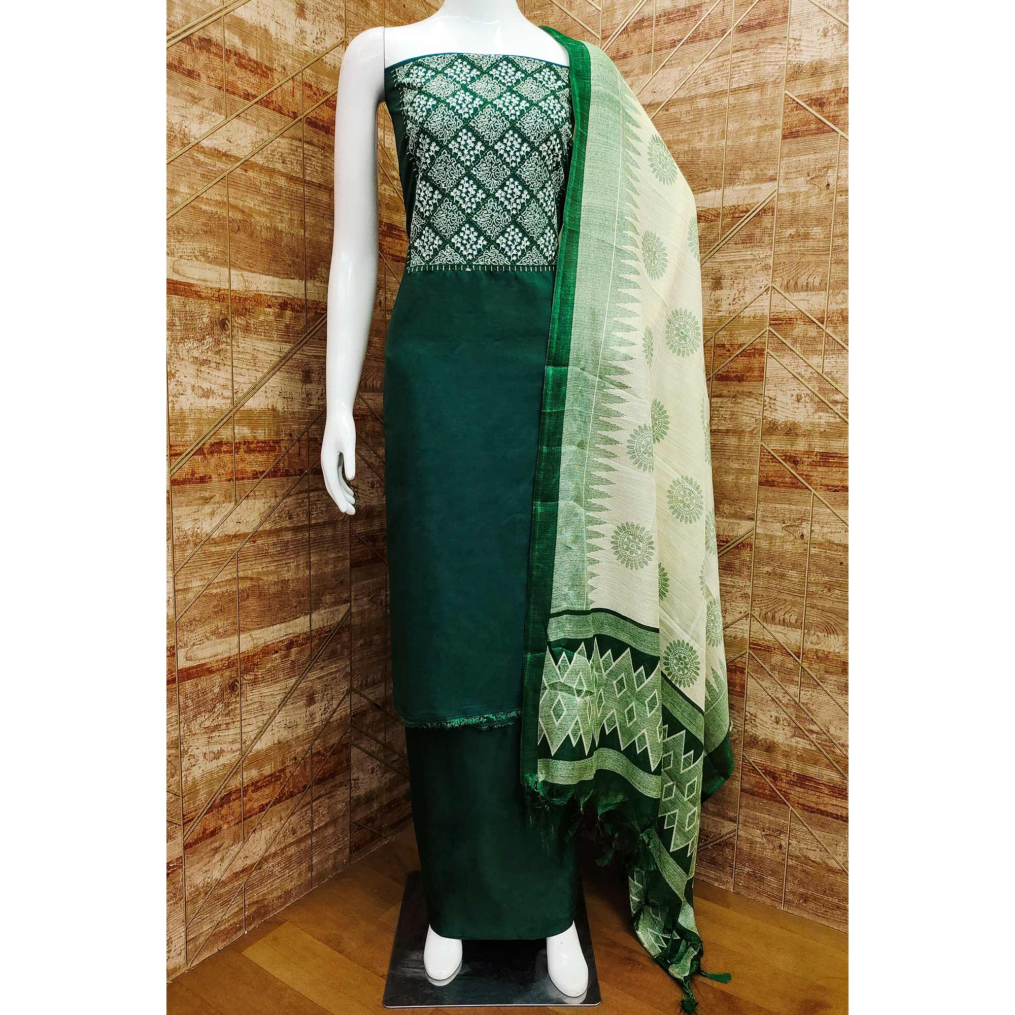 Green Embroidered Chinon Dress Material