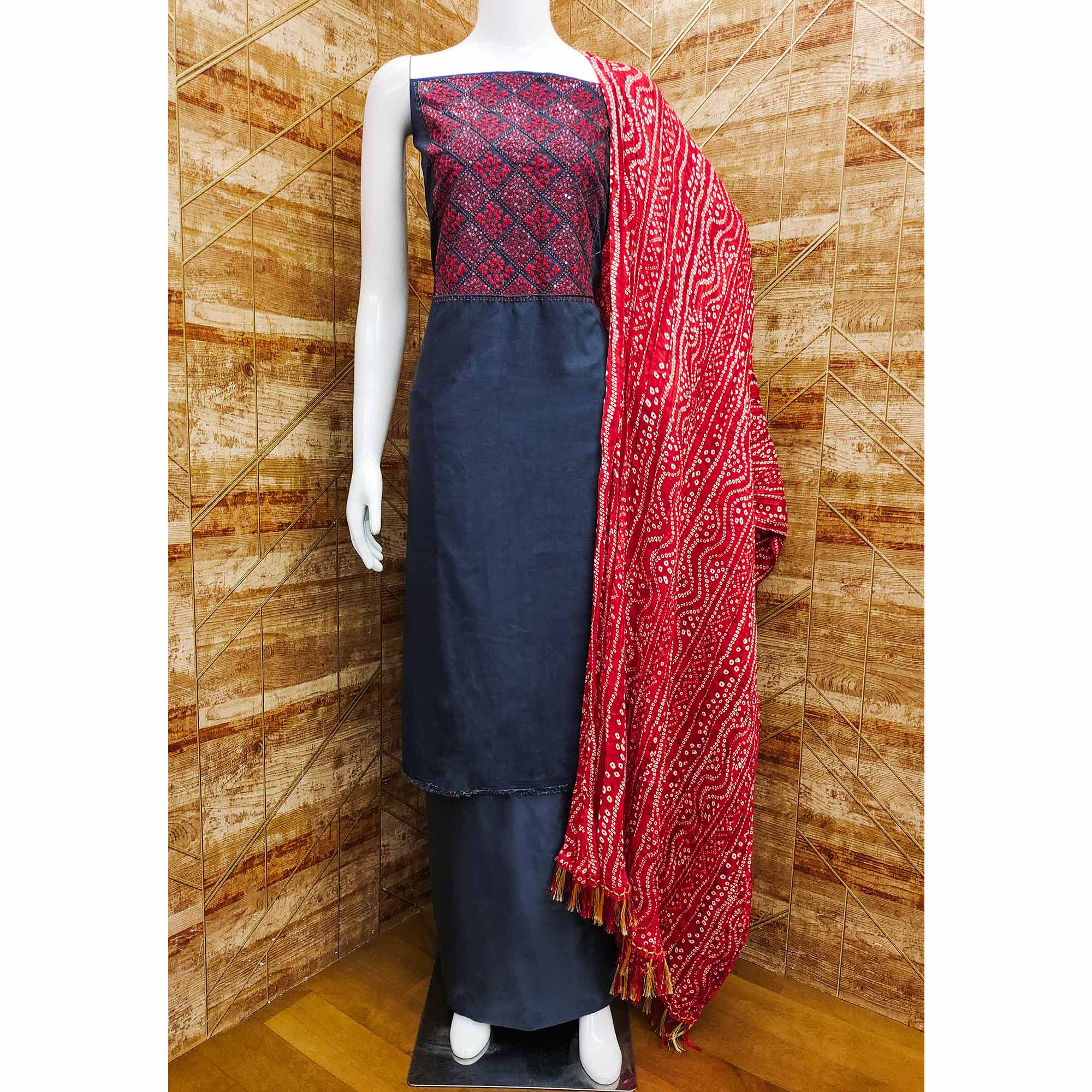 Grey Embroidered Chinon Dress Material