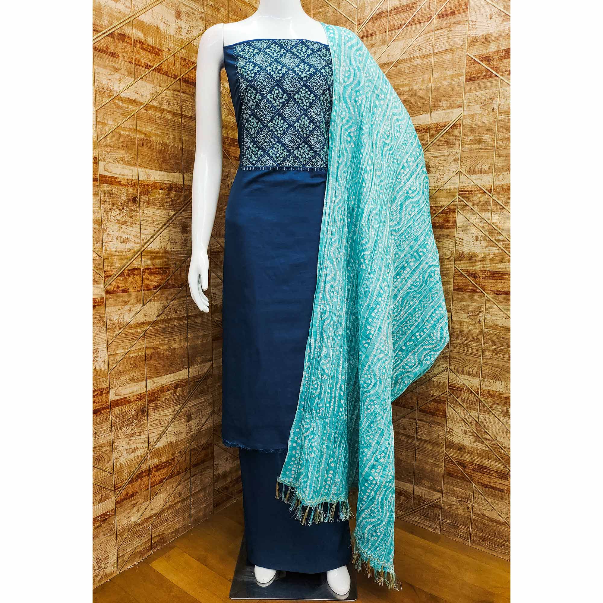 Teal Blue Embroidered Chinon Dress Material