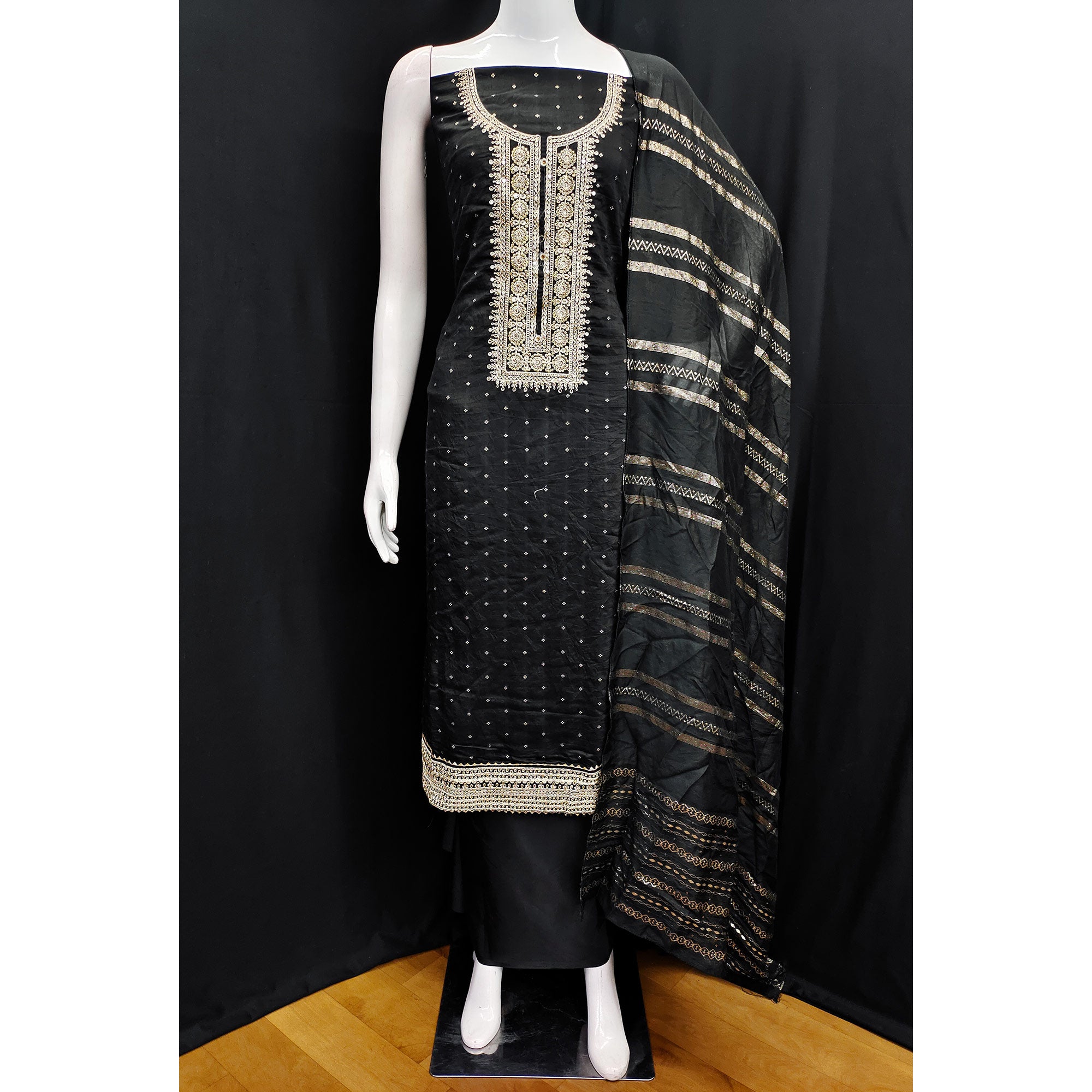 Black Butti With Embroidered Chanderi Silk Dress Material