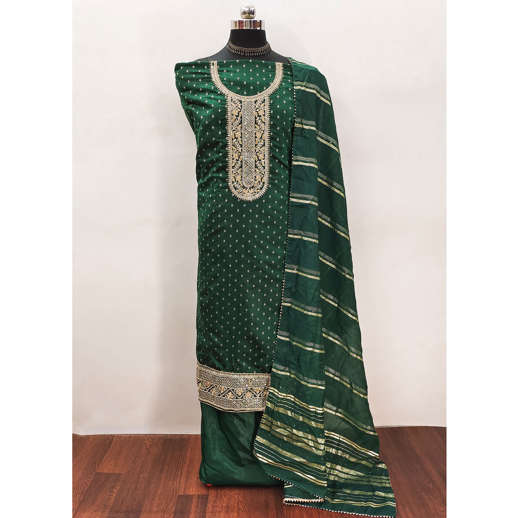 Green Butti With Embroidered Chanderi Silk Dress Material