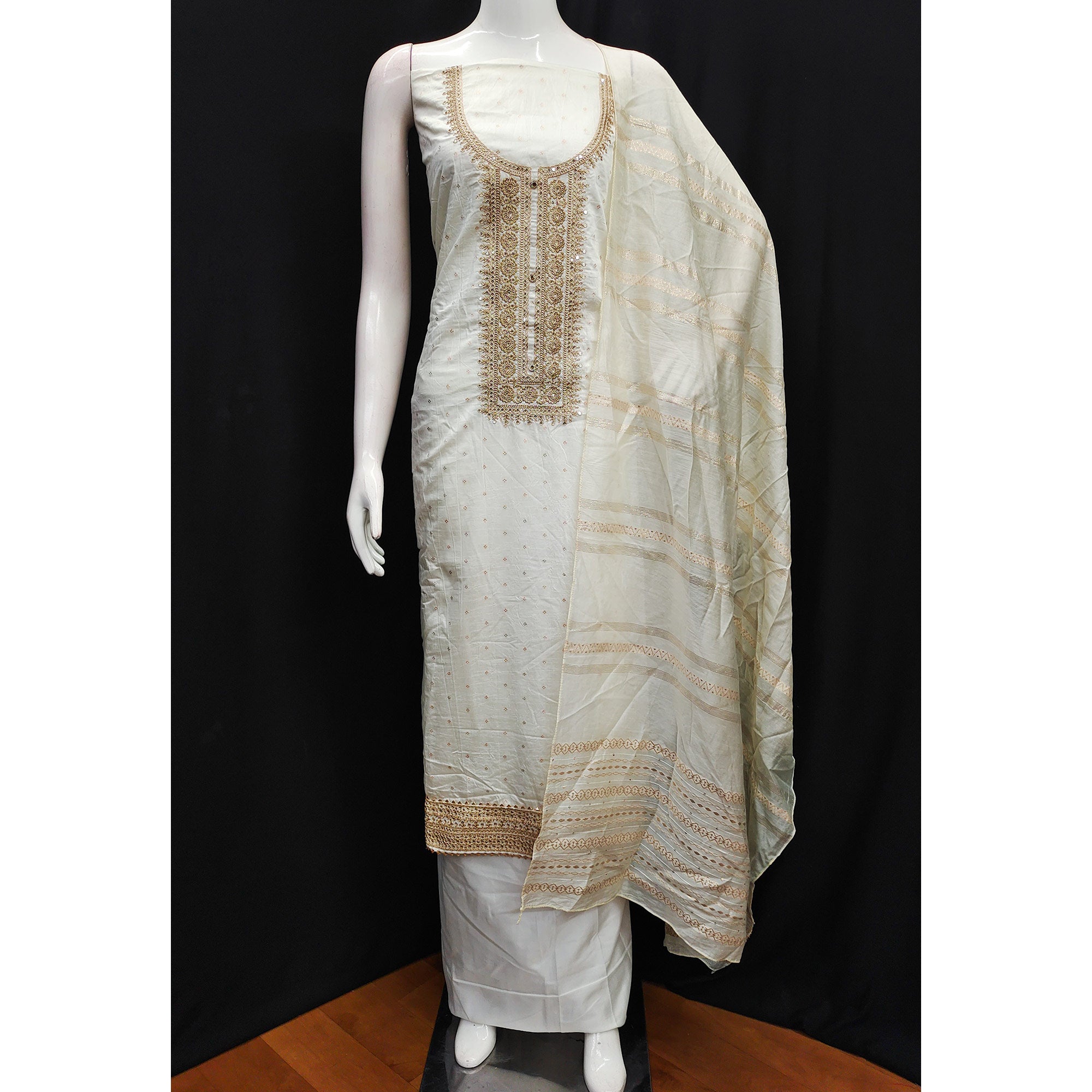Off White Butti With Embroidered Chanderi Silk Dress Material