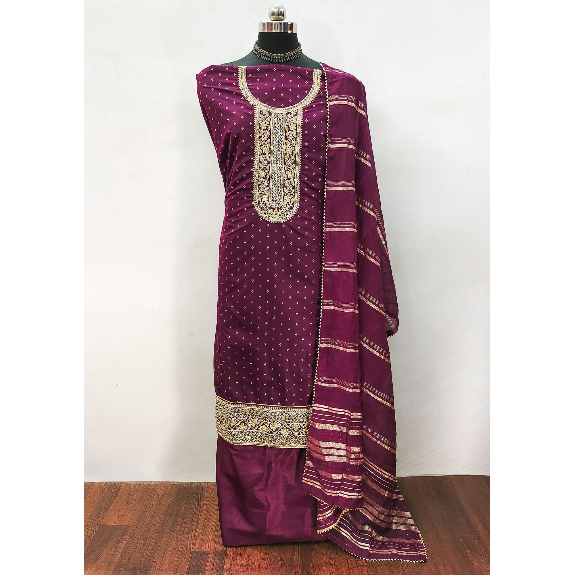 Purple Butti With Embroidered Chanderi Silk Dress Material