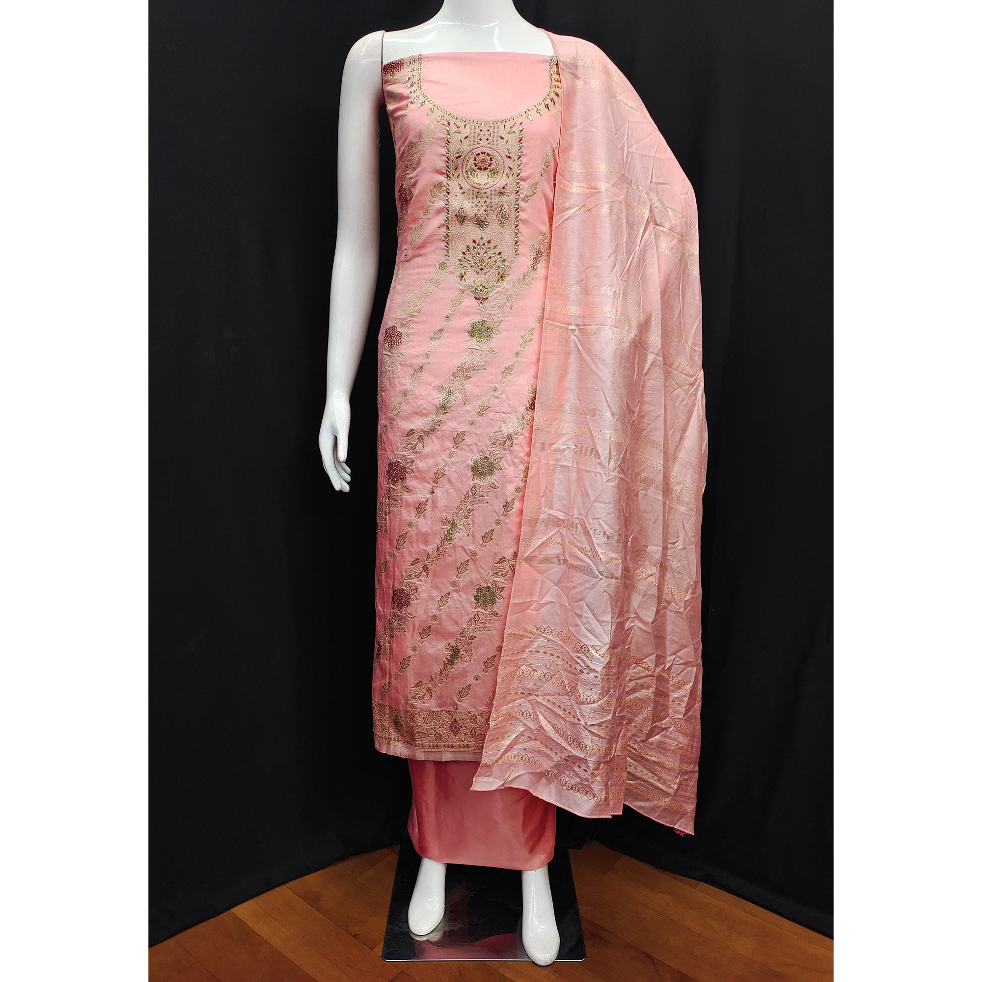 Peach Floral Woven Banarasi Silk Dress Material