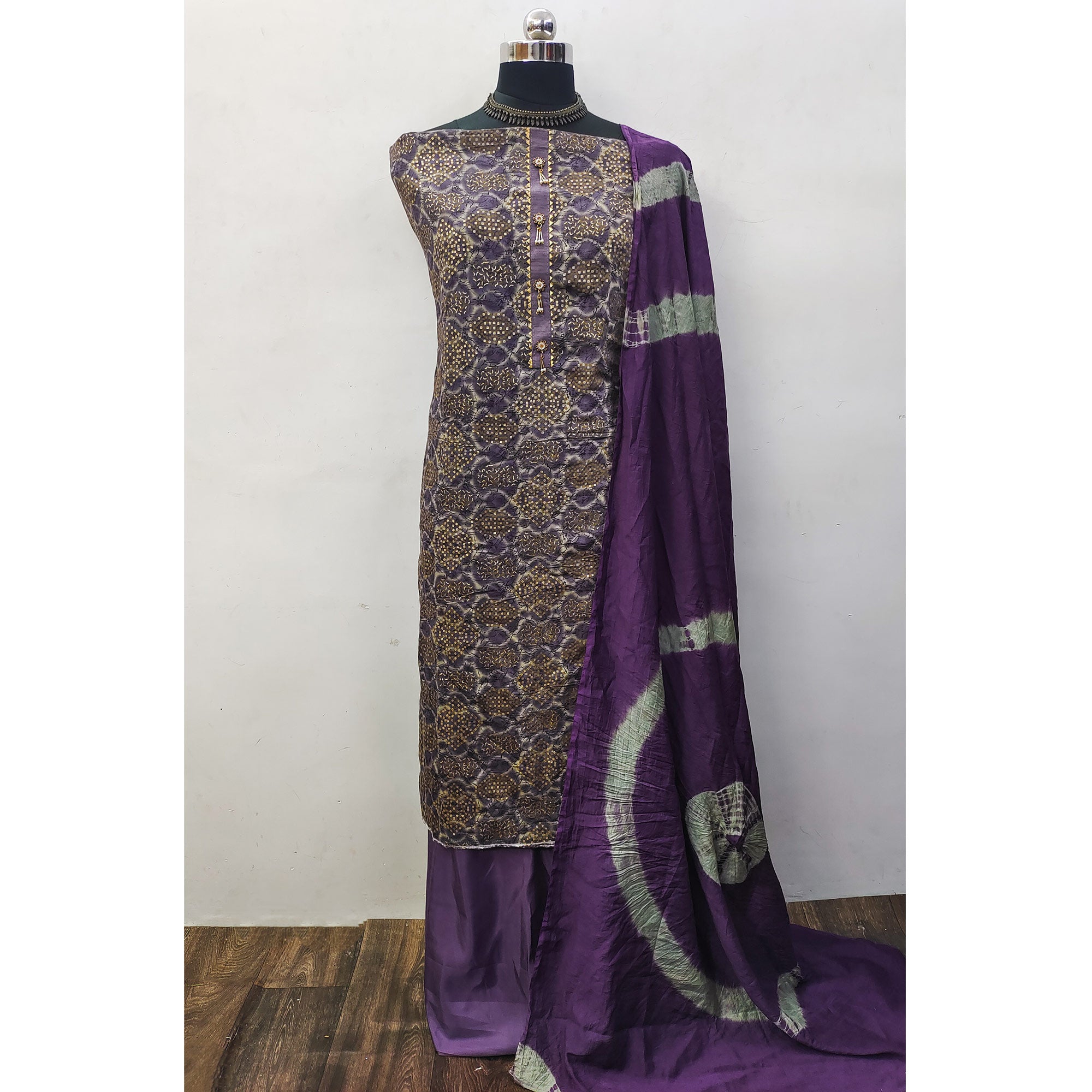 Purple Bandhani Printed Viscose Dress Material