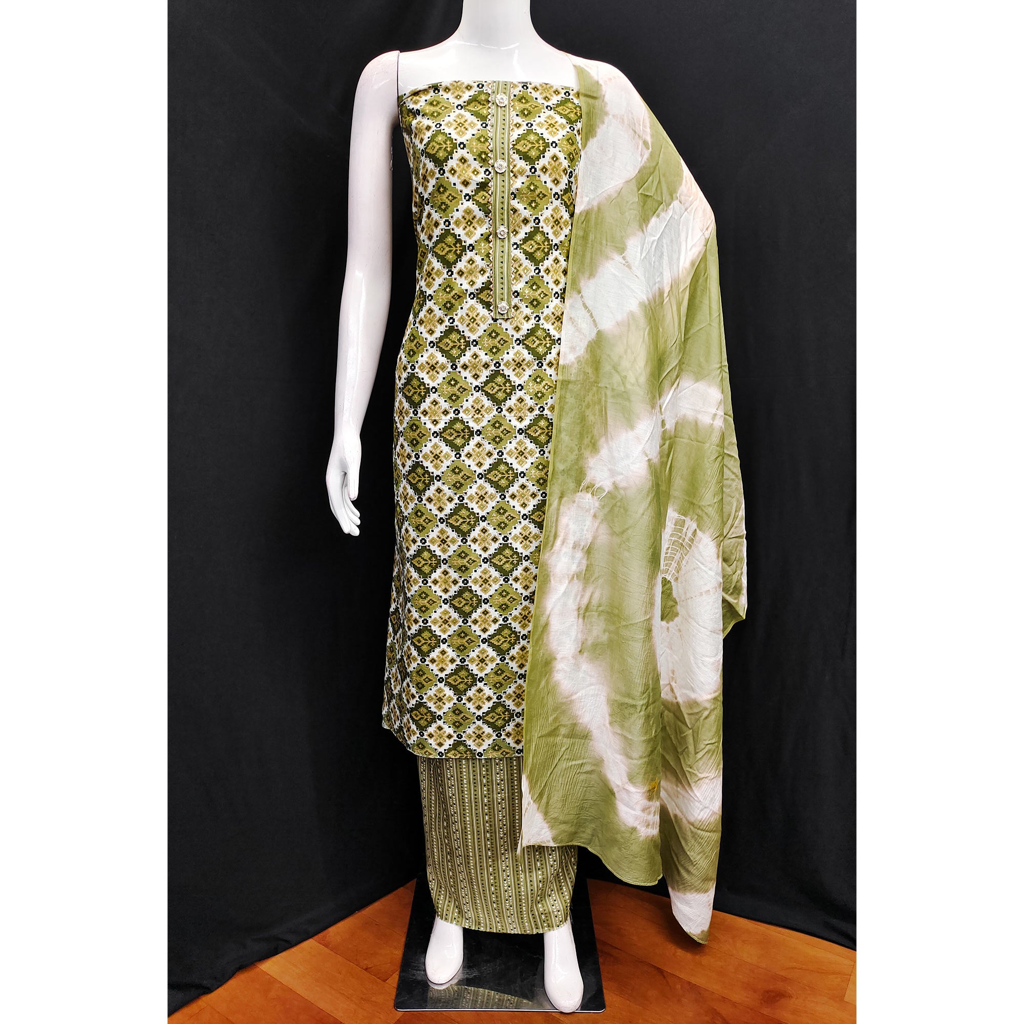 Green Foil Printed Cotton Blend Dress Material